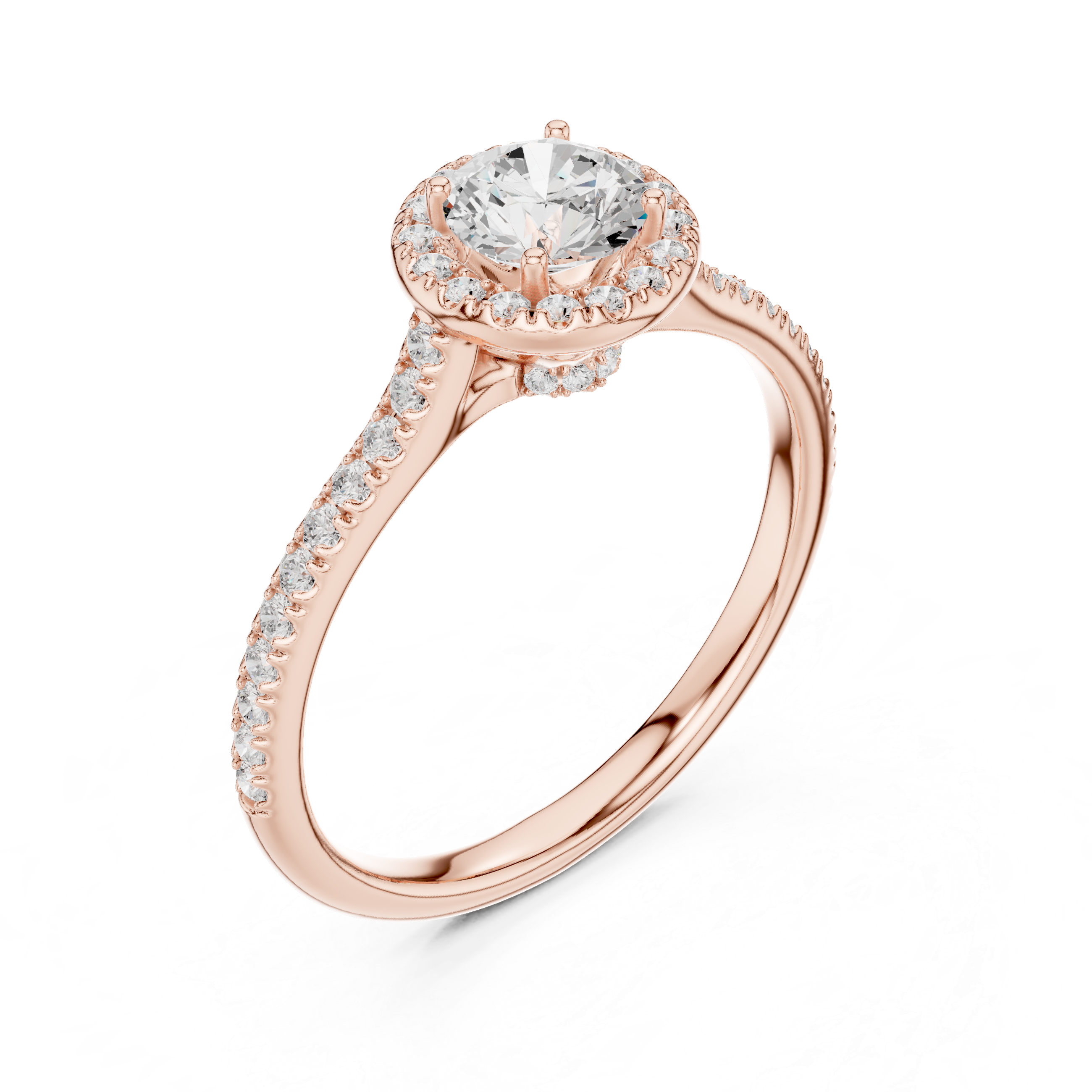 Classic Round Diamond Halo Engagement Ring with Pav?-Set Band.