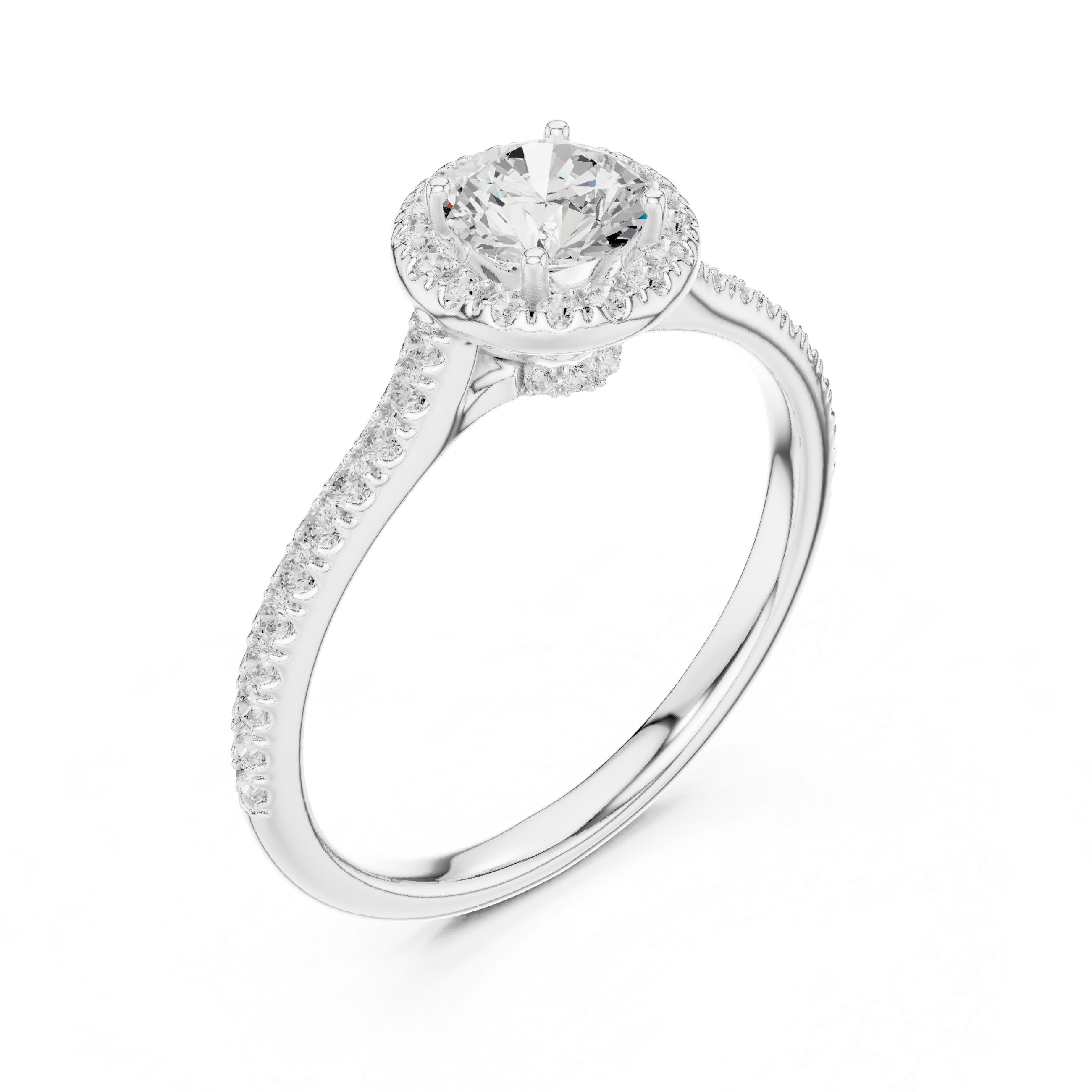 Classic Round Diamond Halo Engagement Ring with Pav?-Set Band.