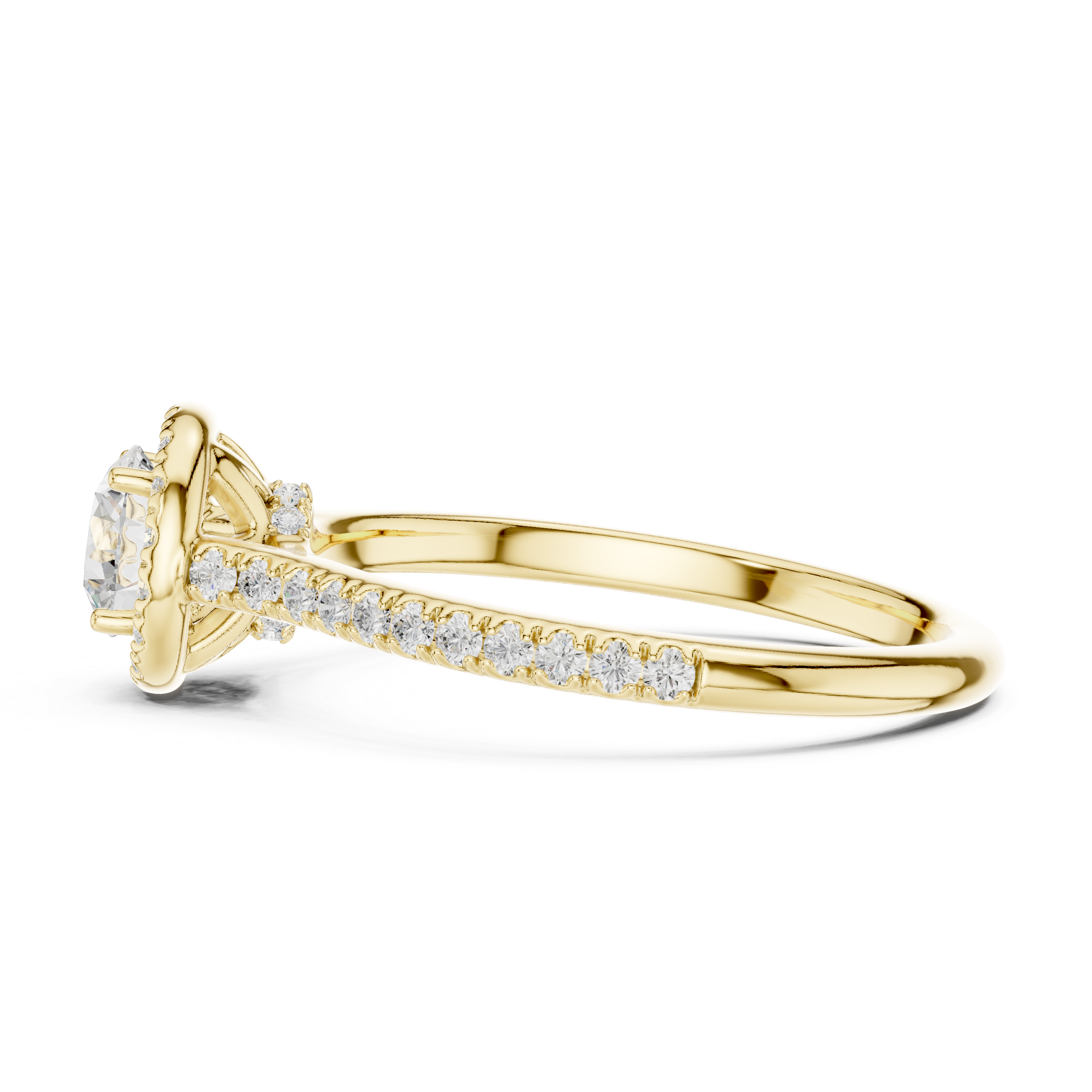 Classic Round Diamond Halo Engagement Ring with Pav?-Set Band.