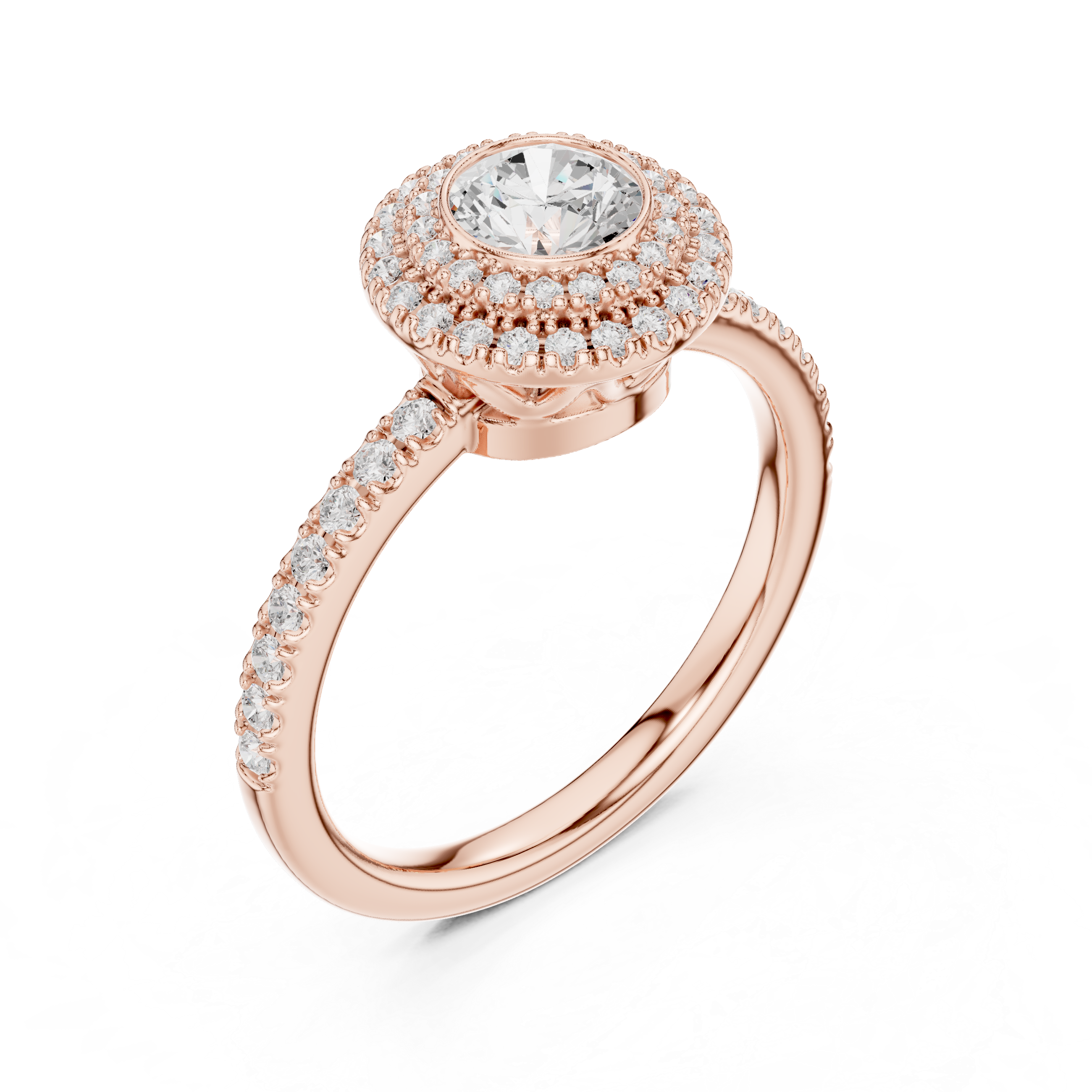 Double Halo Round Diamond Engagement Ring with Pav? Band.