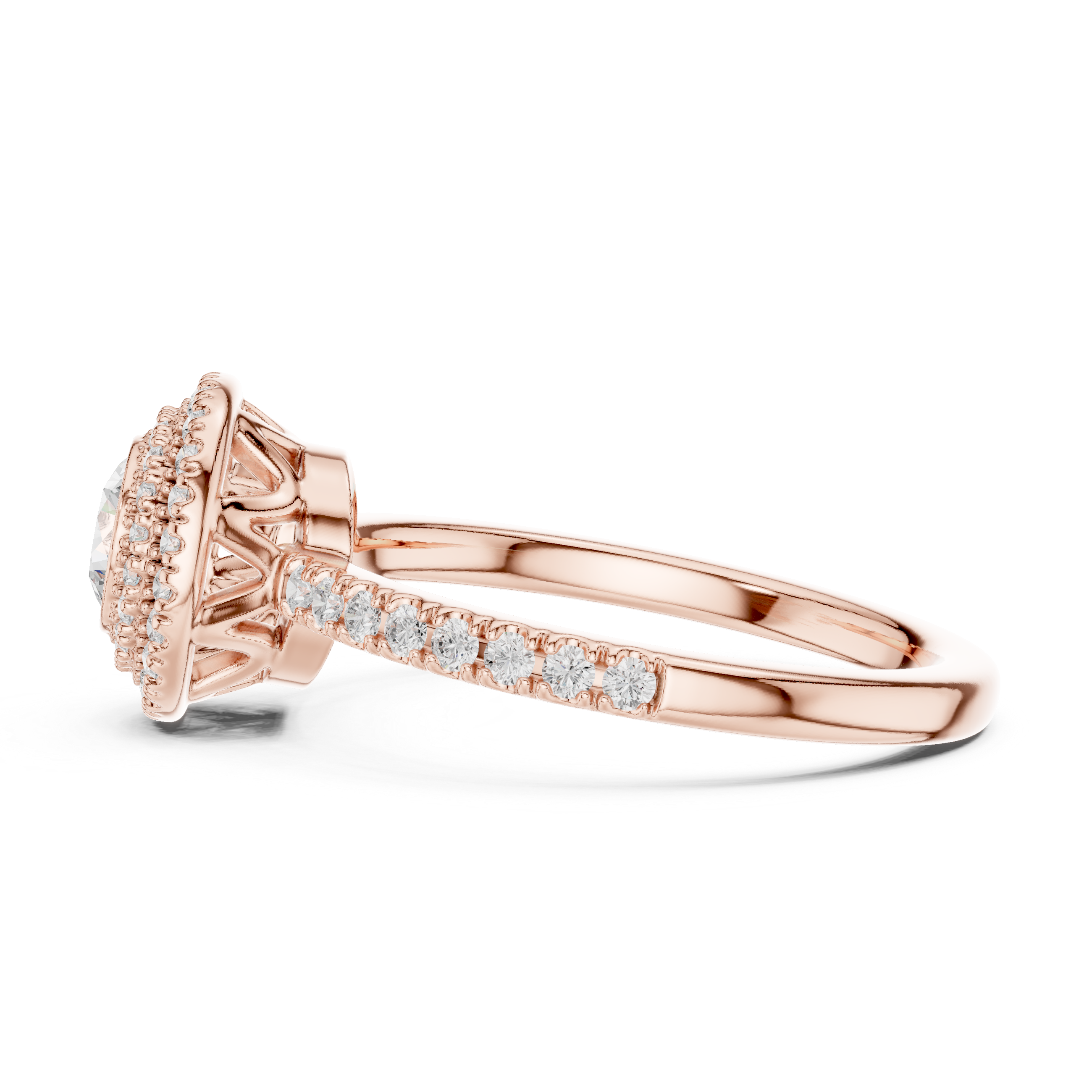 Double Halo Round Diamond Engagement Ring with Pav? Band.