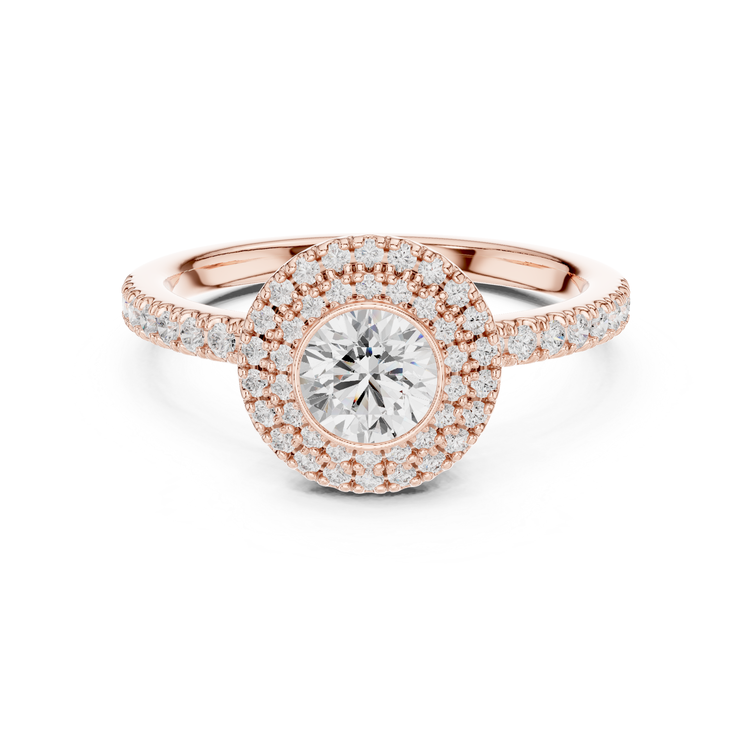 Double Halo Round Diamond Engagement Ring with Pav? Band.