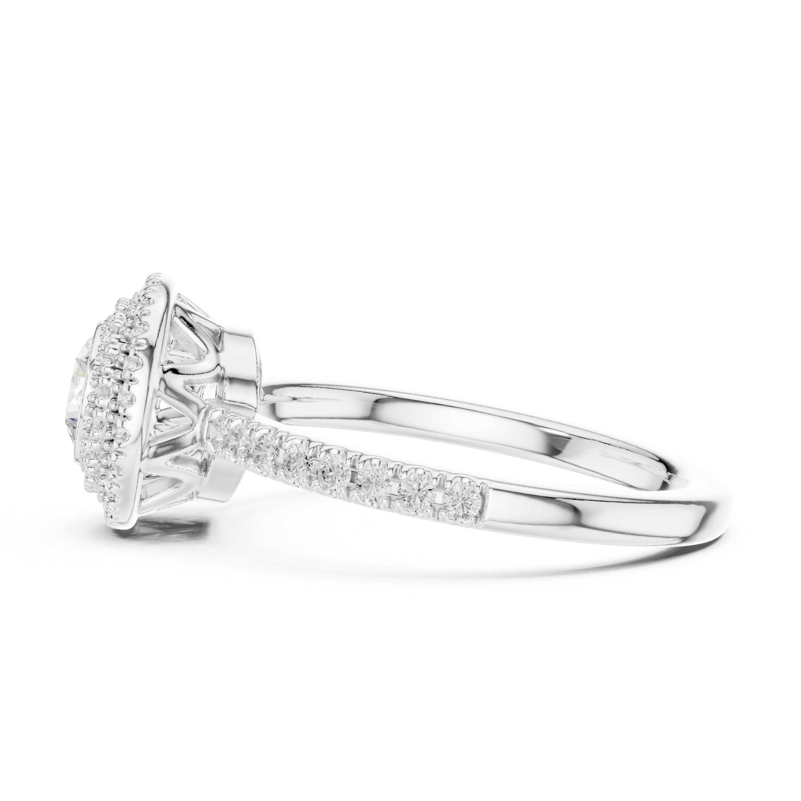 Double Halo Round Diamond Engagement Ring with Pav? Band.
