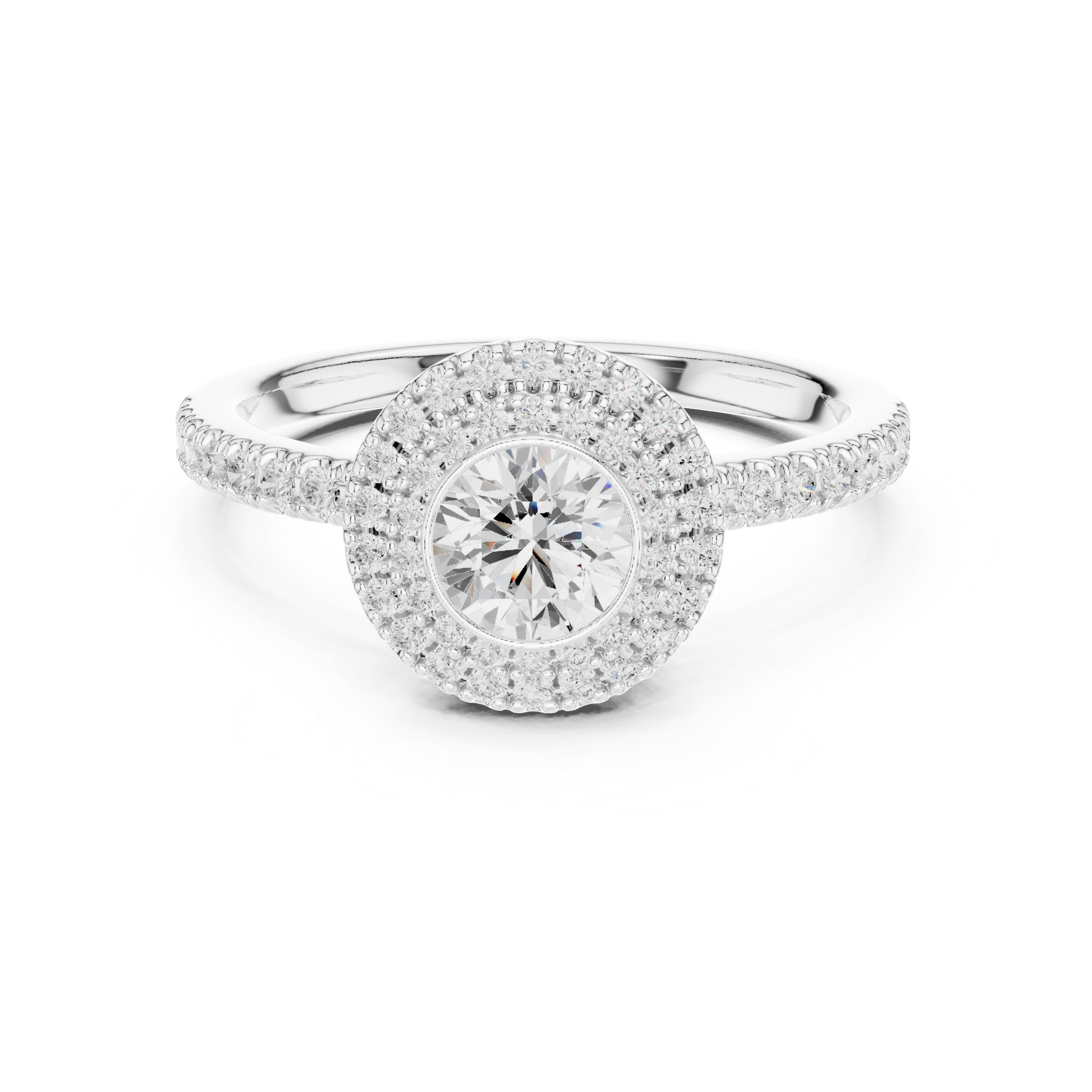 Double Halo Round Diamond Engagement Ring with Pav? Band.