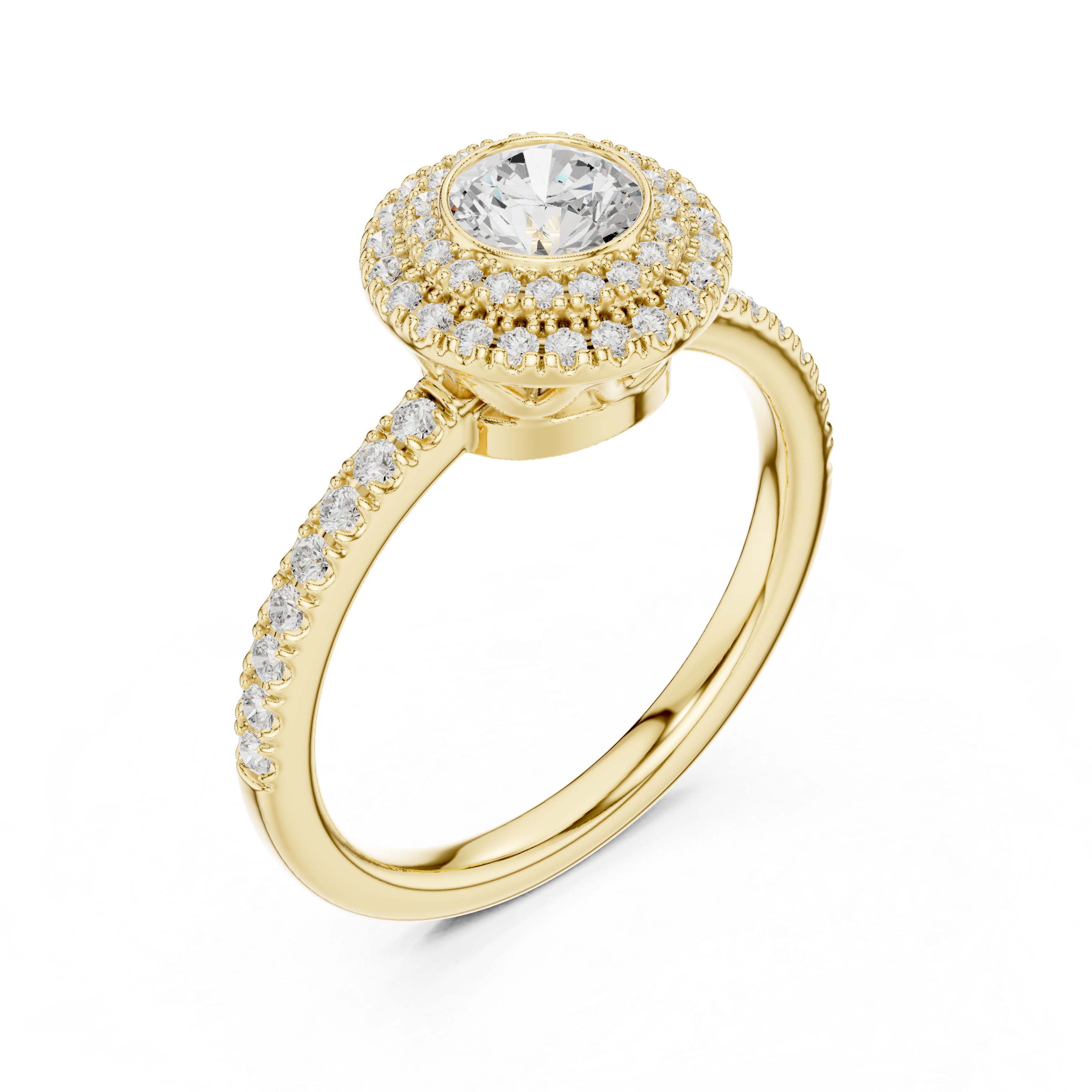 Double Halo Round Diamond Engagement Ring with Pav? Band.