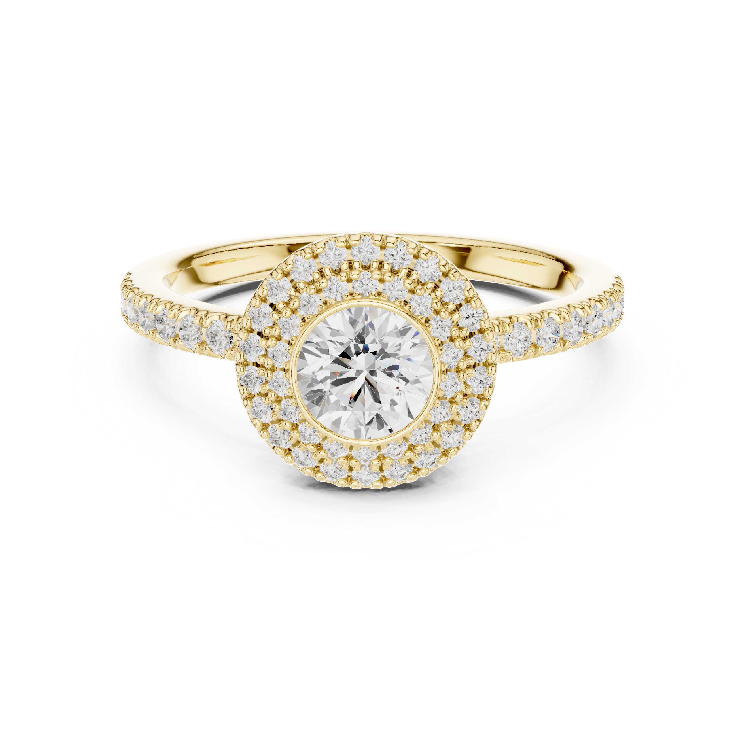 Double Halo Round Diamond Engagement Ring with Pav? Band.