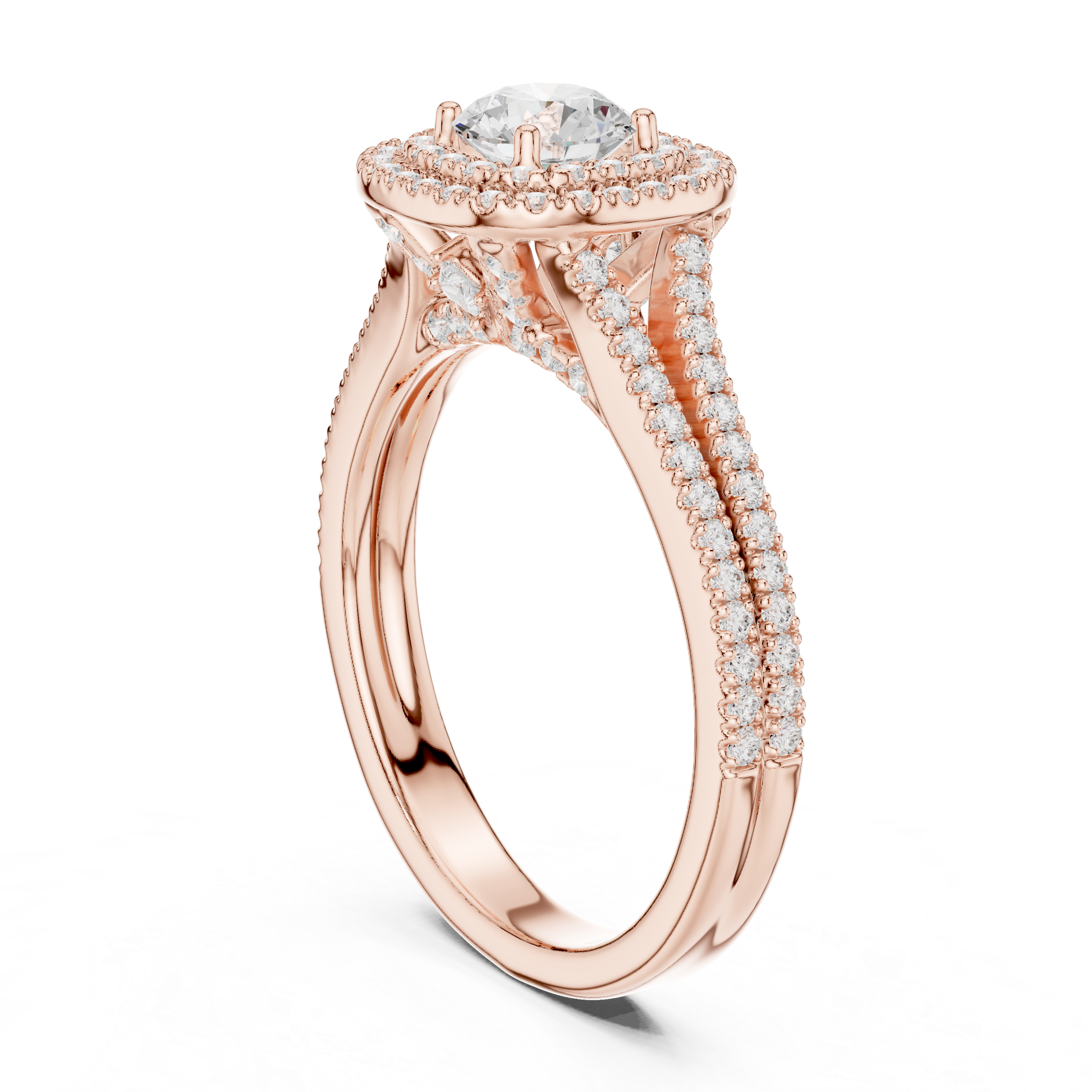 Round Double Halo Engagement Ring with Split Double Pav? Band.