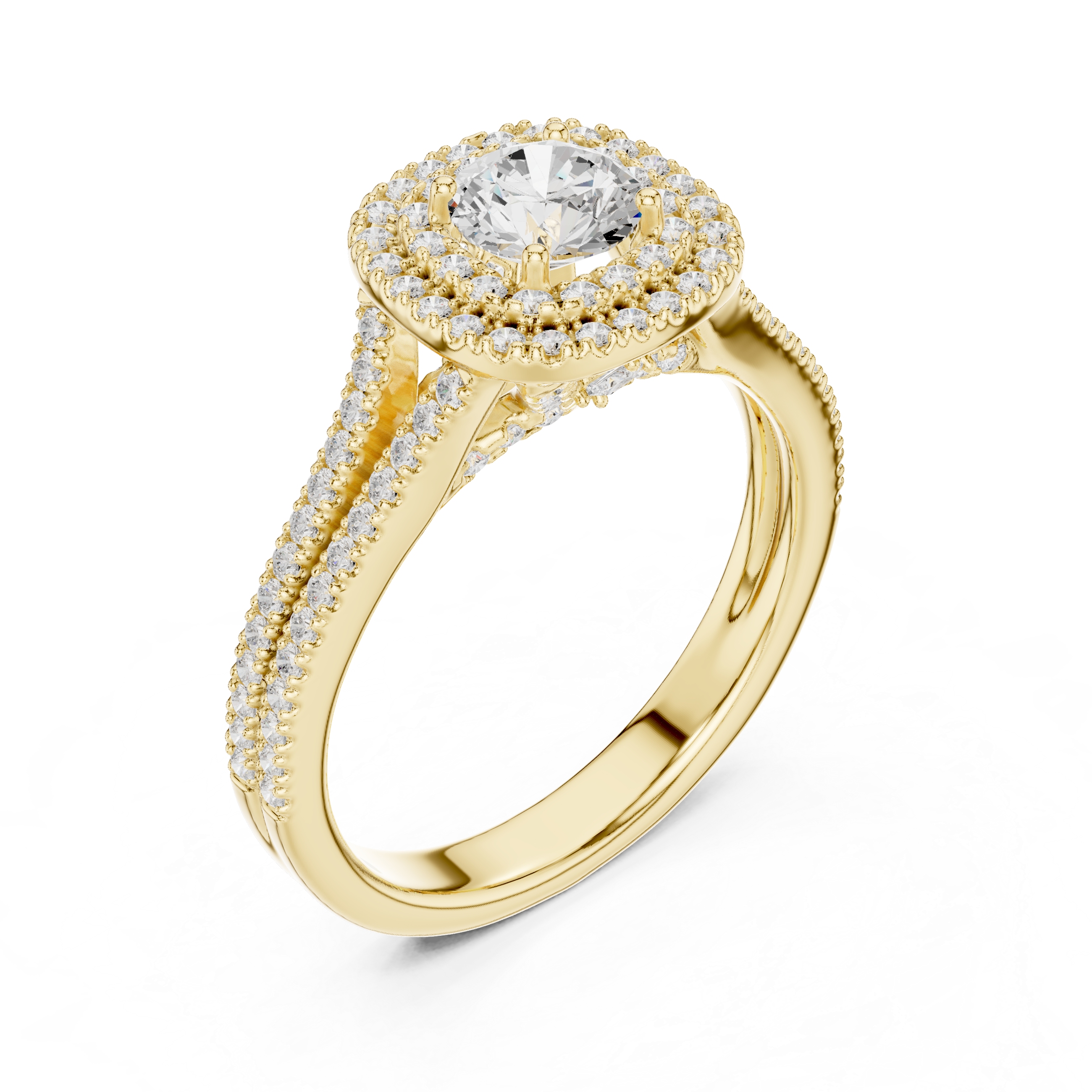 Round Double Halo Engagement Ring with Split Double Pav? Band.