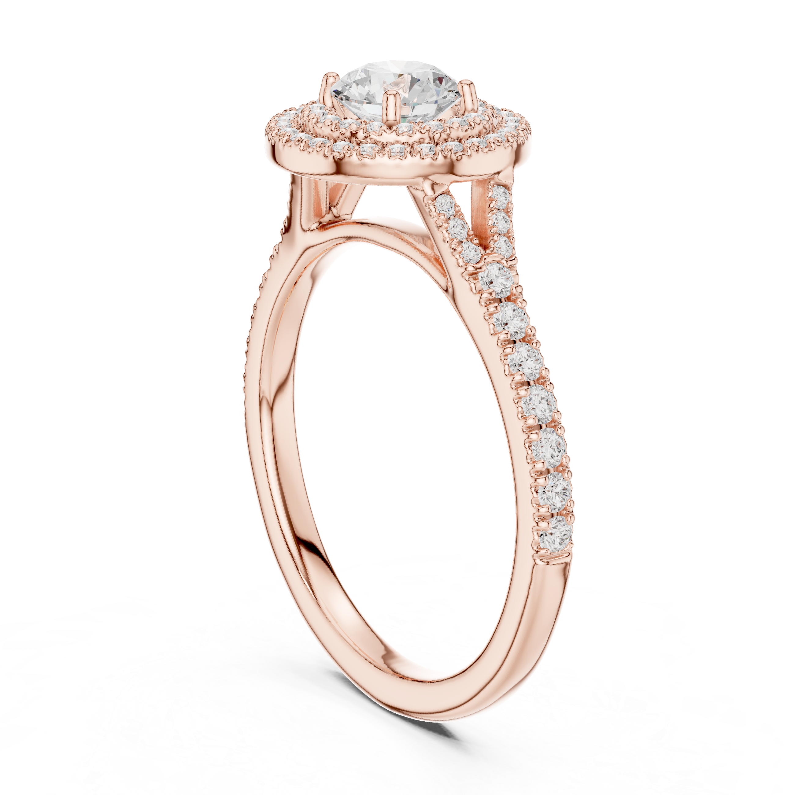 Round Diamond Halo Engagement Ring with Tapered Pav? Band.