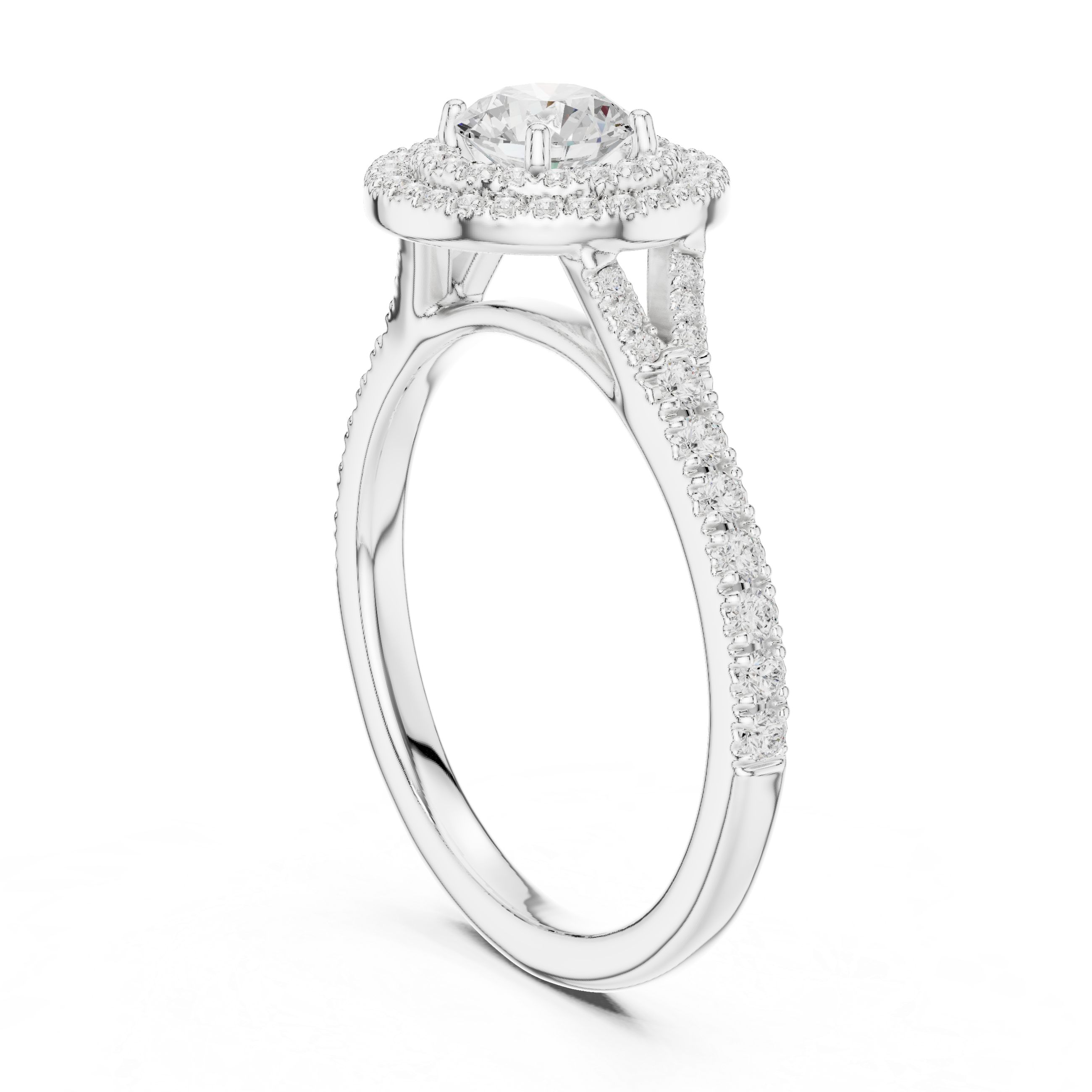 Round Diamond Halo Engagement Ring with Tapered Pav? Band.