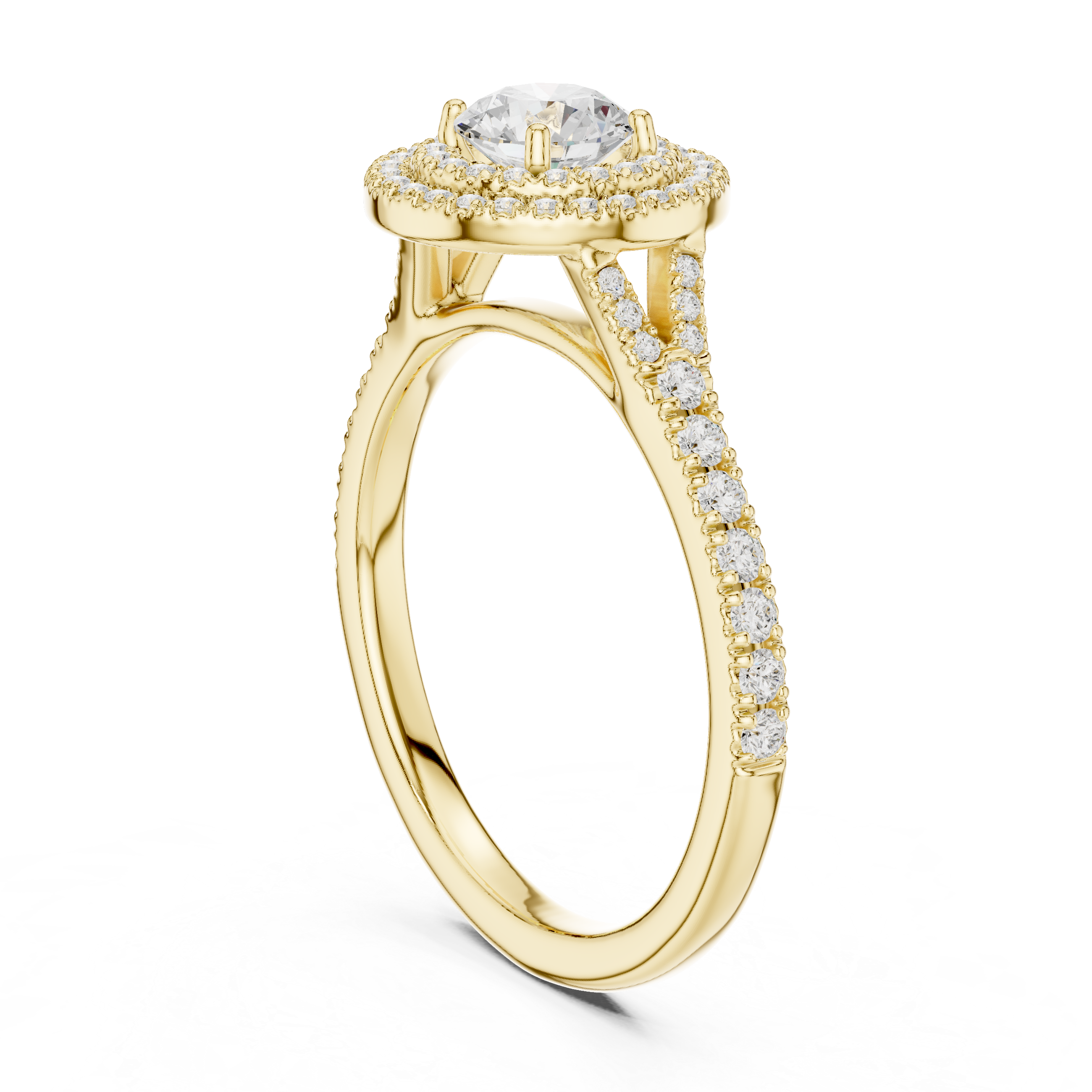 Round Diamond Halo Engagement Ring with Tapered Pav? Band.