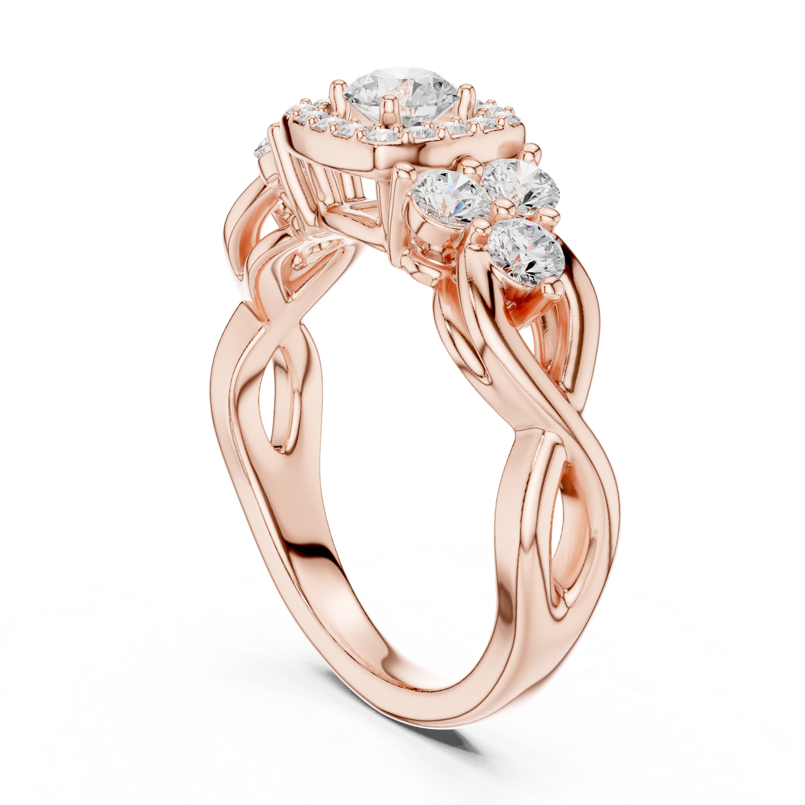 Ring with Trio Side Stones and Intertwined Band.