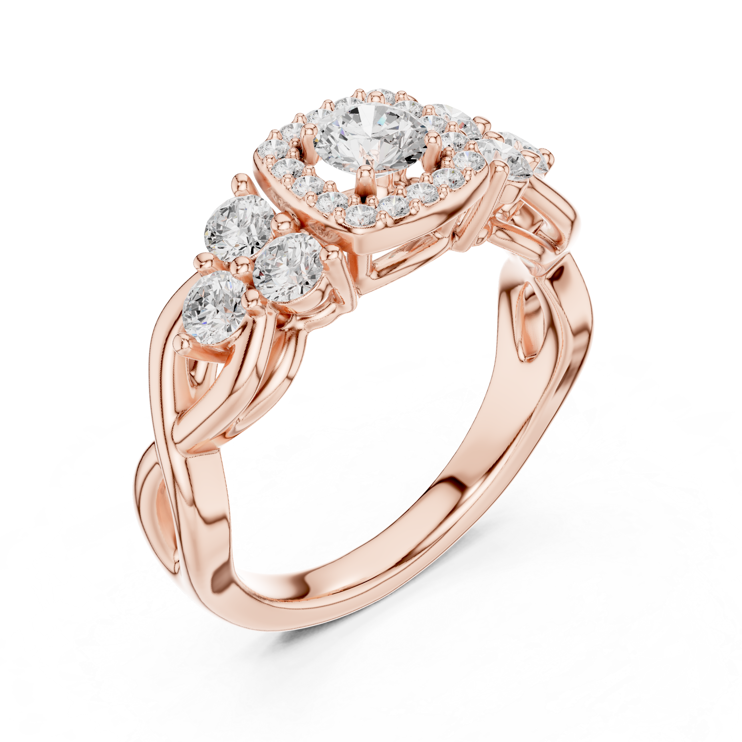 Ring with Trio Side Stones and Intertwined Band.
