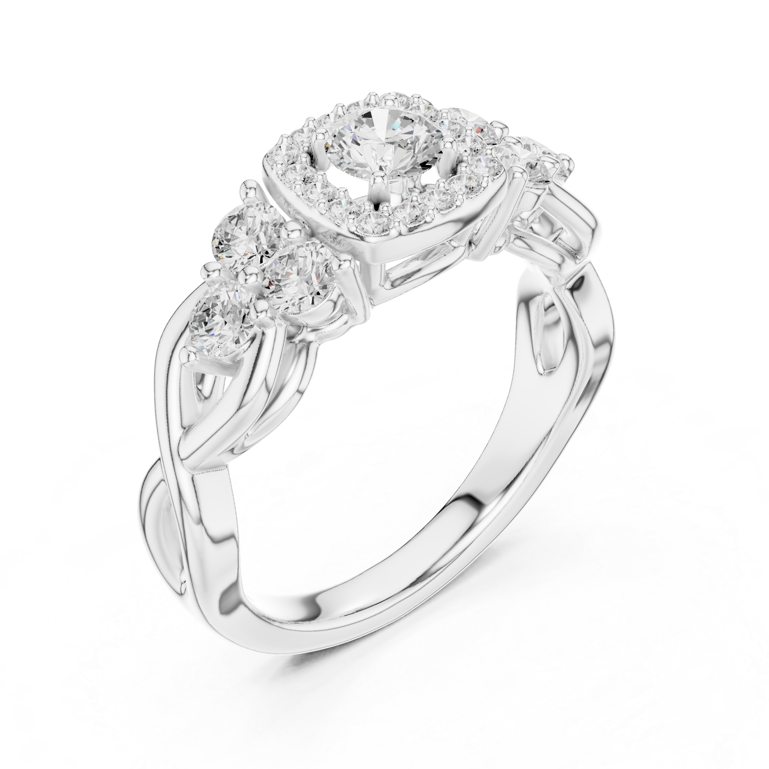 Ring with Trio Side Stones and Intertwined Band.