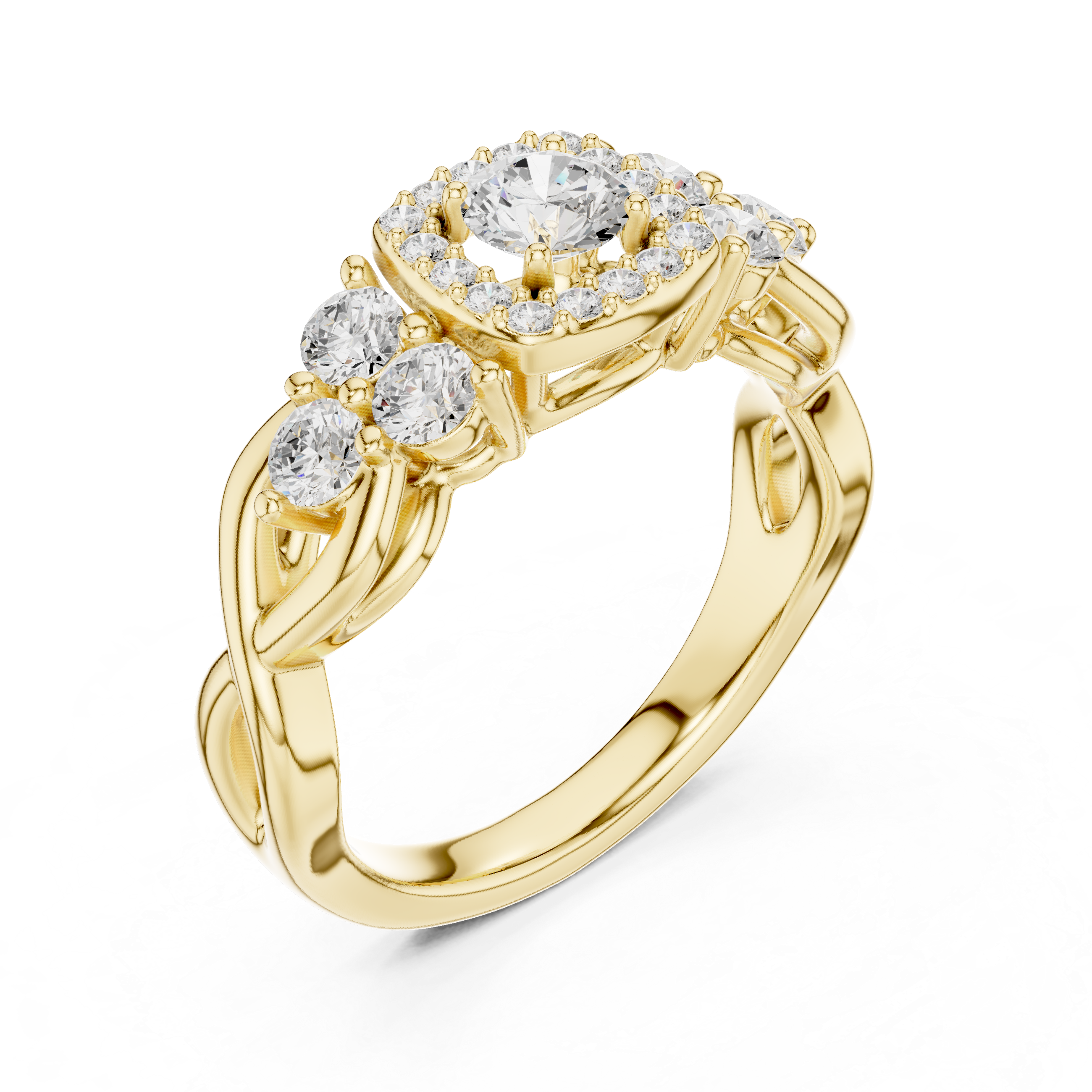 Ring with Trio Side Stones and Intertwined Band.