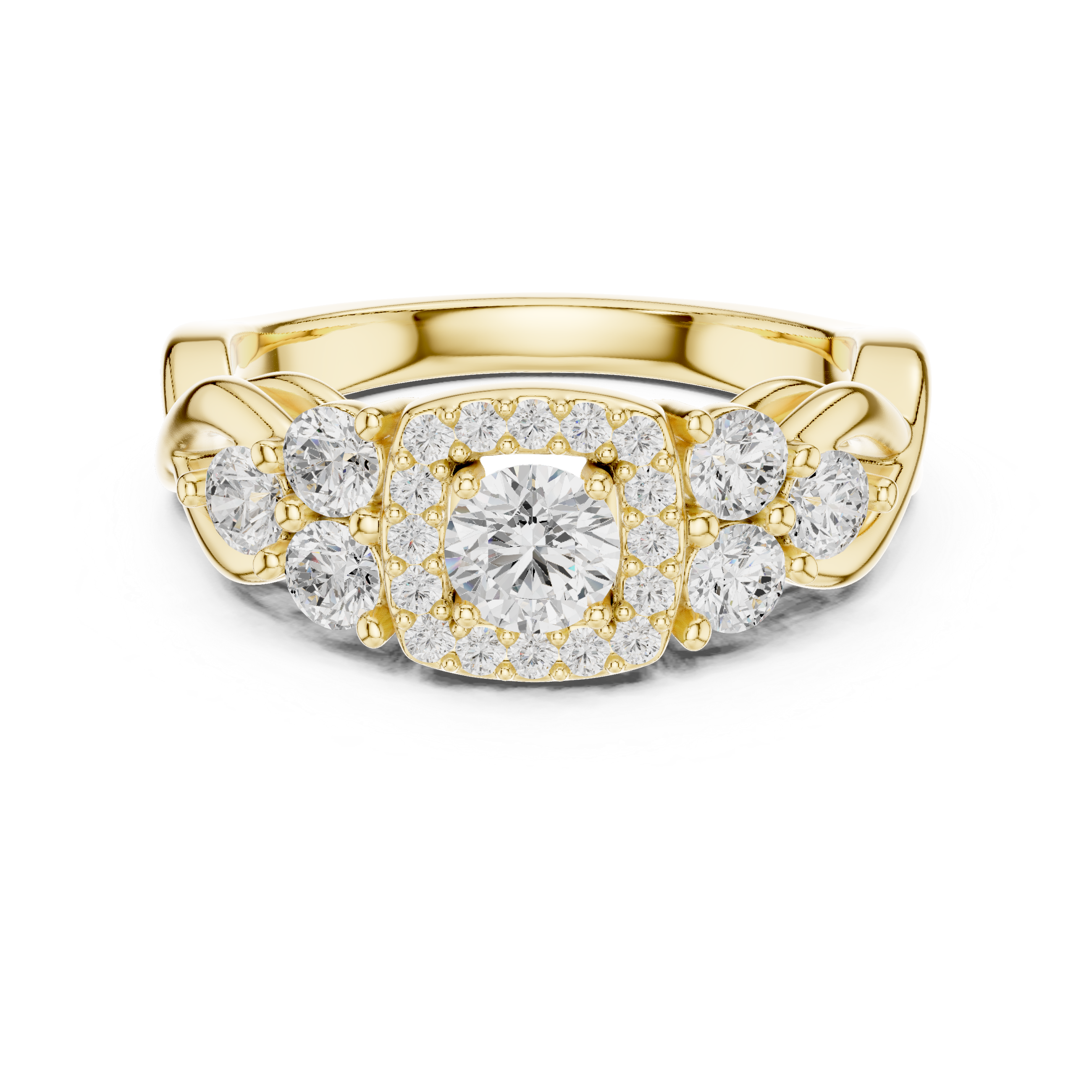 Ring with Trio Side Stones and Intertwined Band.