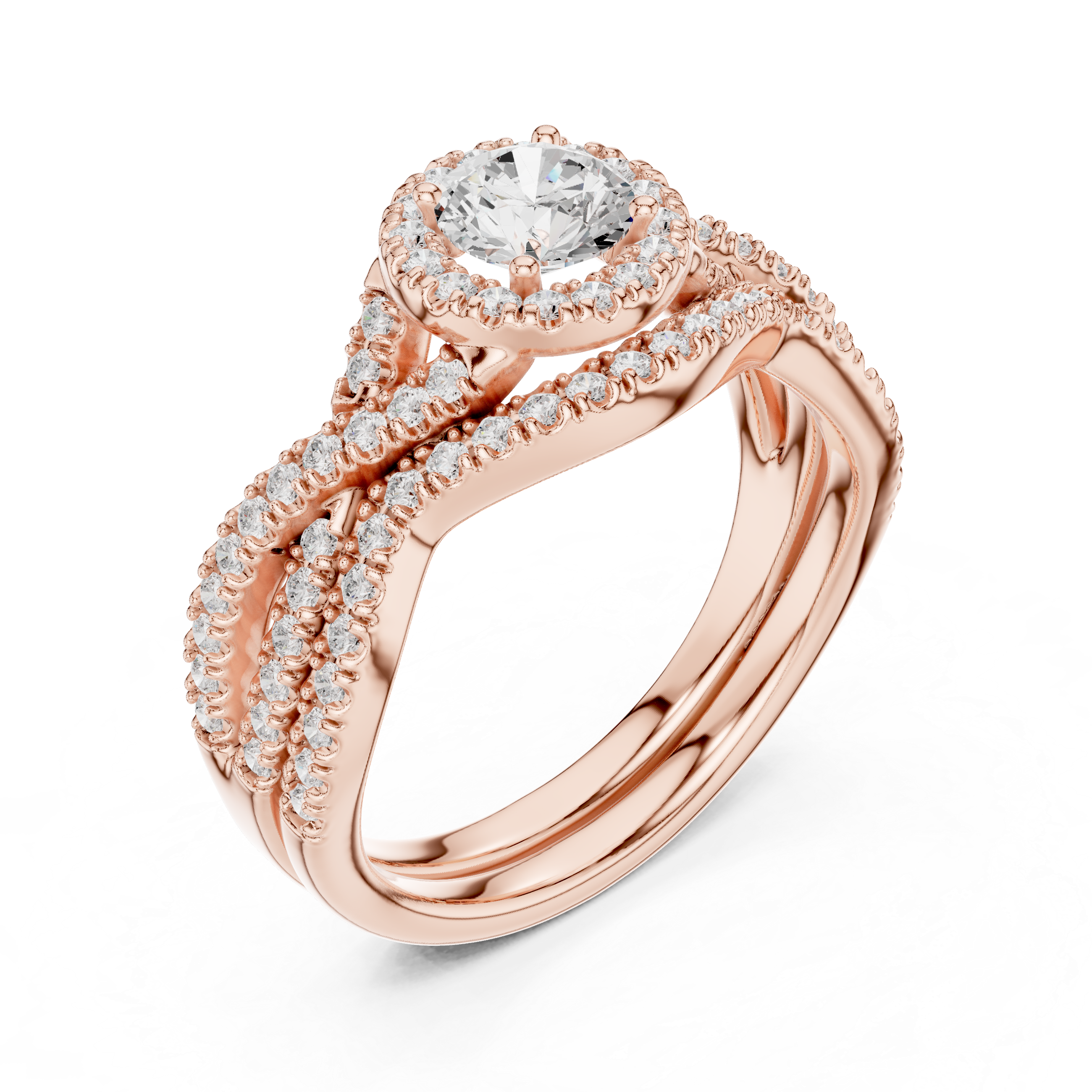 Intricate Double Row Diamond Split Shank Engagement Ring