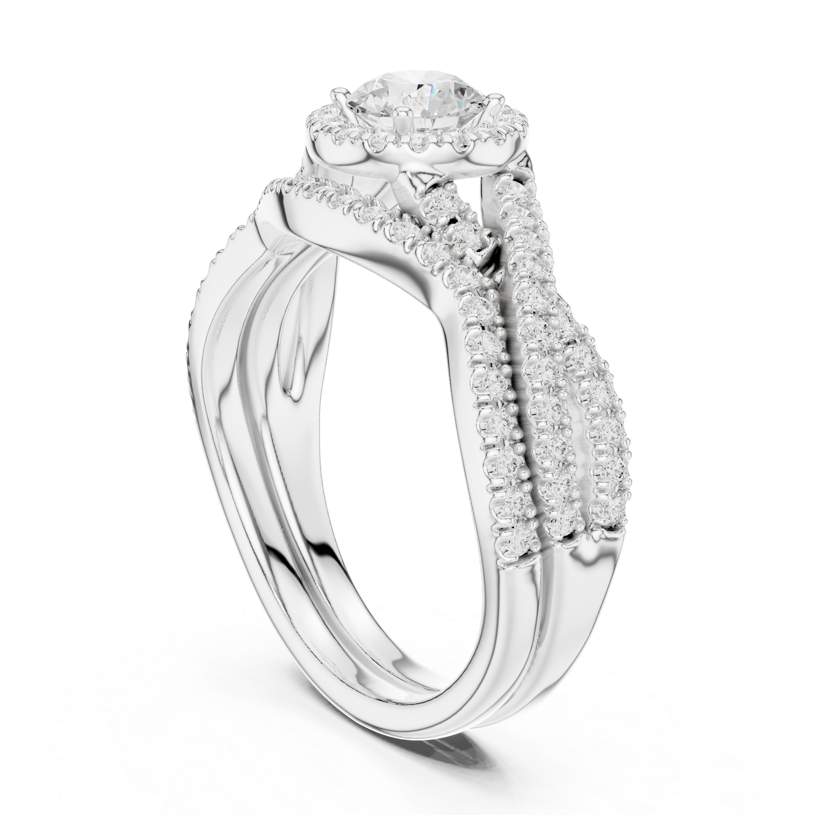 Intricate Double Row Diamond Split Shank Engagement Ring