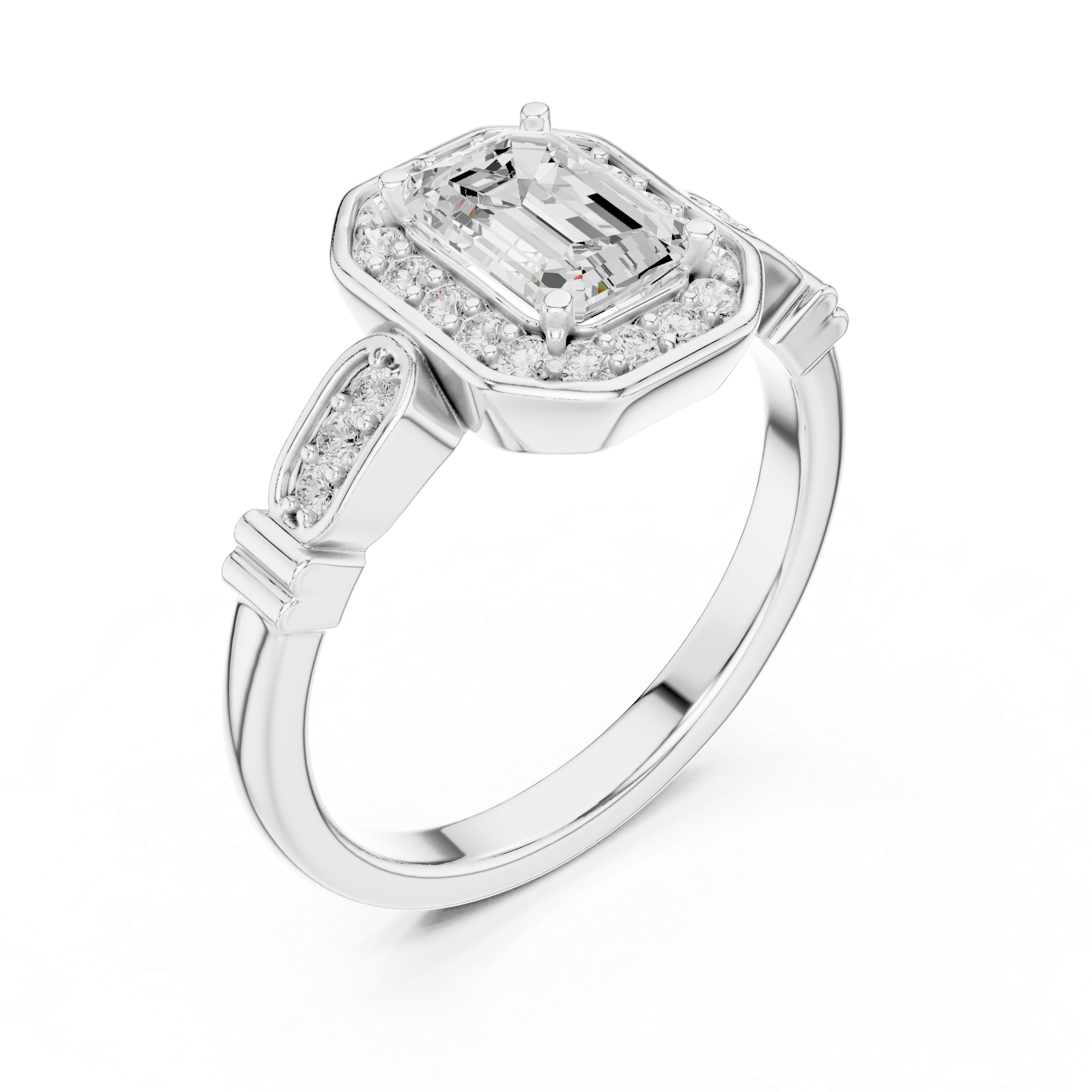 Vintage-Inspired Emerald Cut Halo Engagement Ring