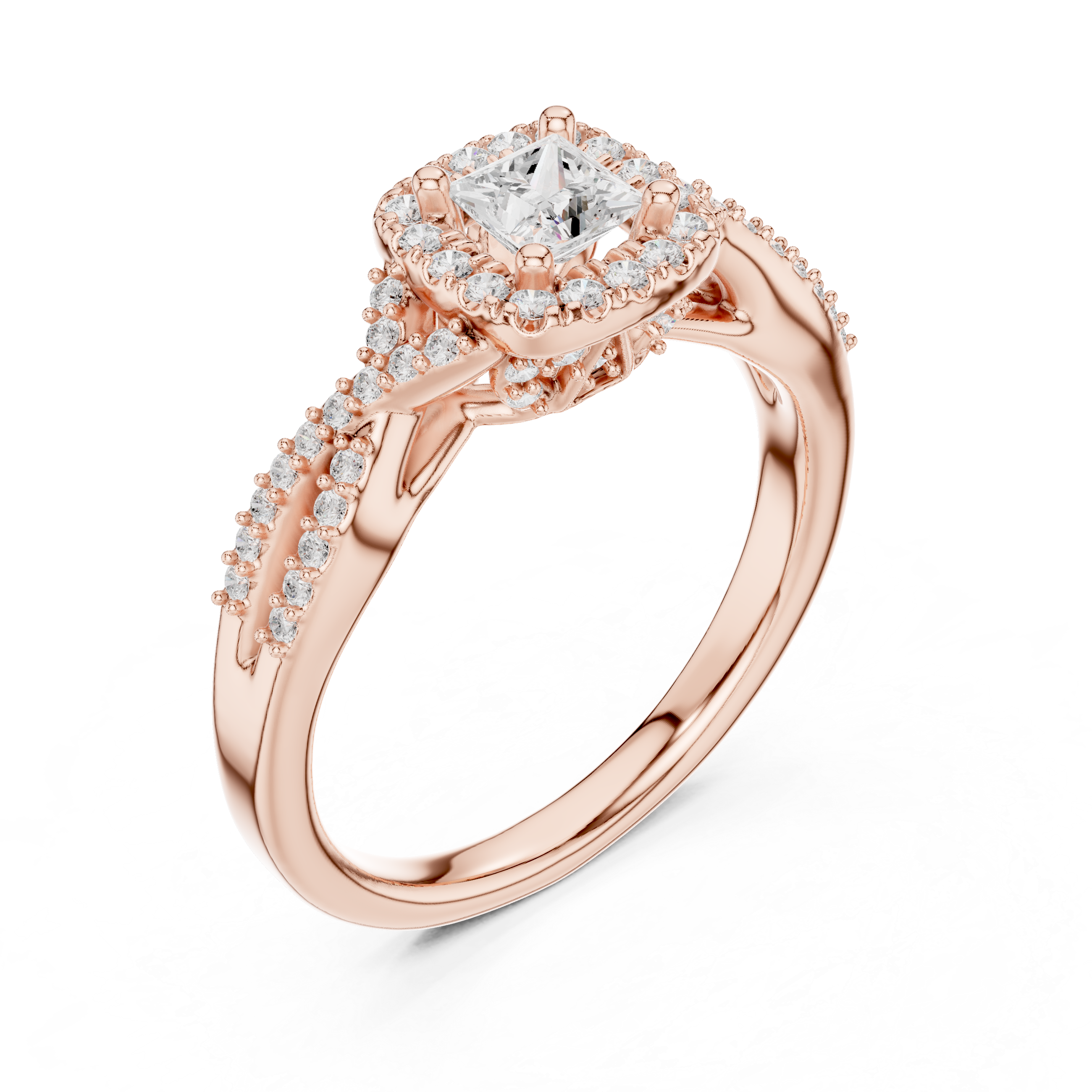 Double Row Diamond Split Shank Halo Engagement Ring
