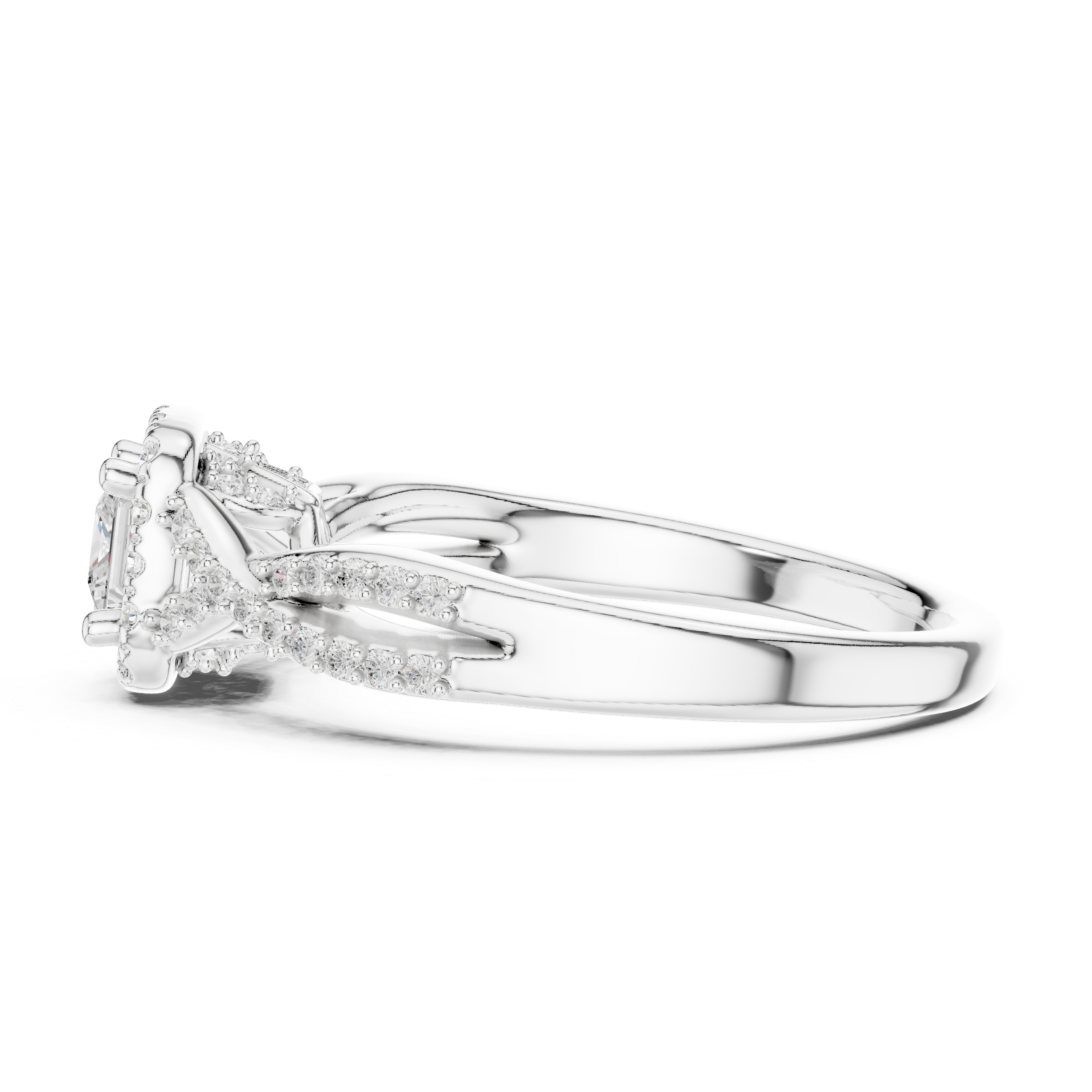 Double Row Diamond Split Shank Halo Engagement Ring