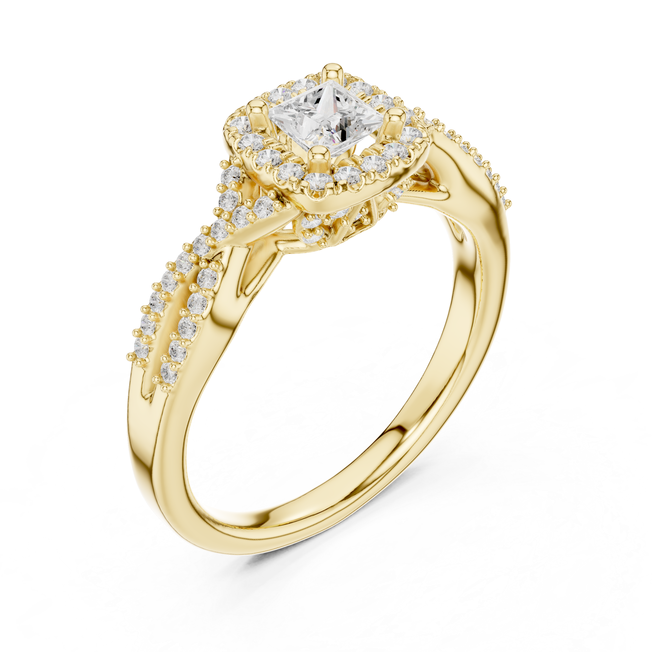 Double Row Diamond Split Shank Halo Engagement Ring