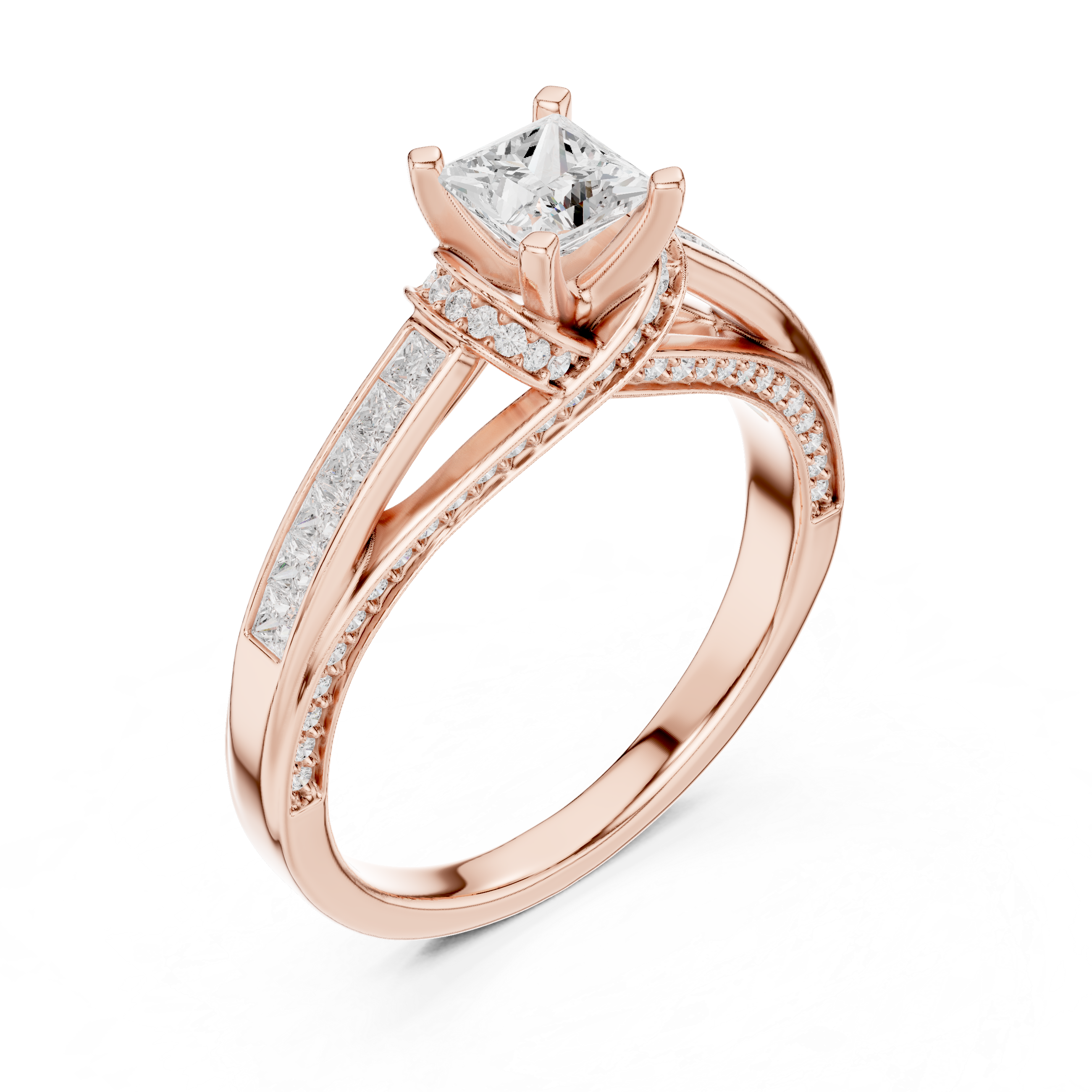 Twisted Band Engagement Ring with Princess-Cut Side Diamonds and Pav? Accents