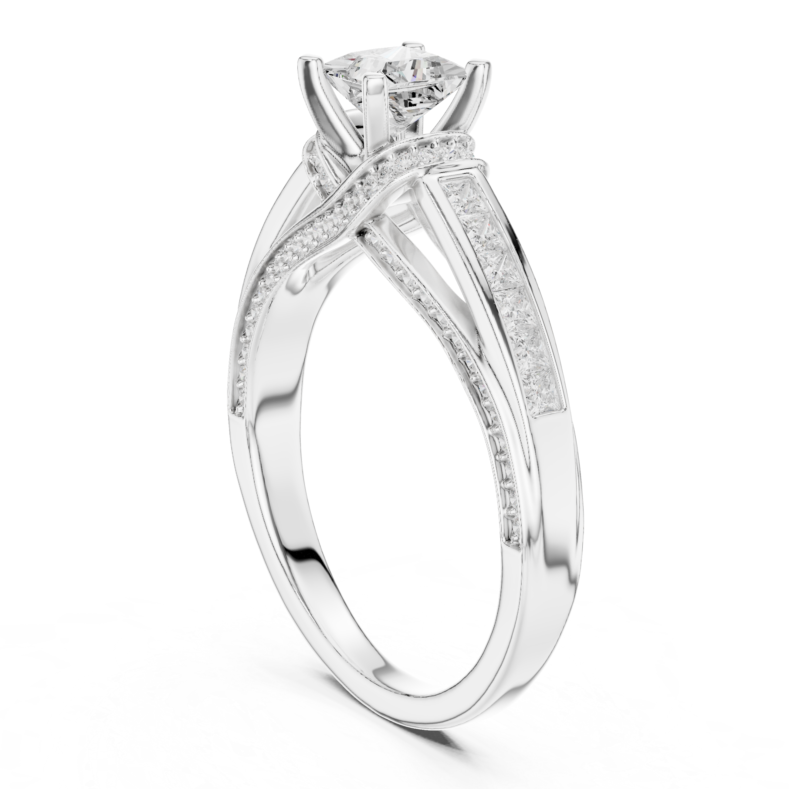 Twisted Band Engagement Ring with Princess-Cut Side Diamonds and Pav? Accents