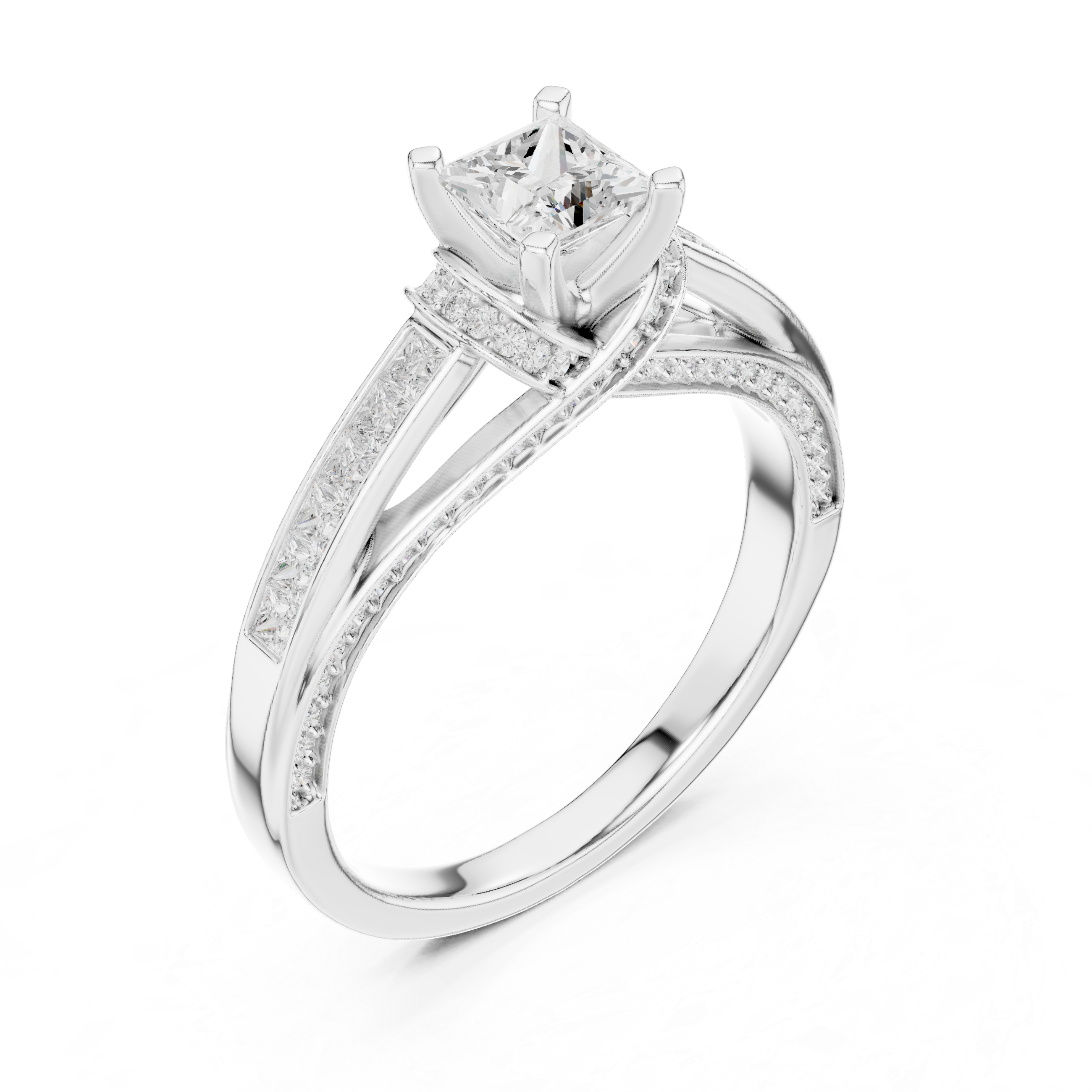 Twisted Band Engagement Ring with Princess-Cut Side Diamonds and Pav? Accents