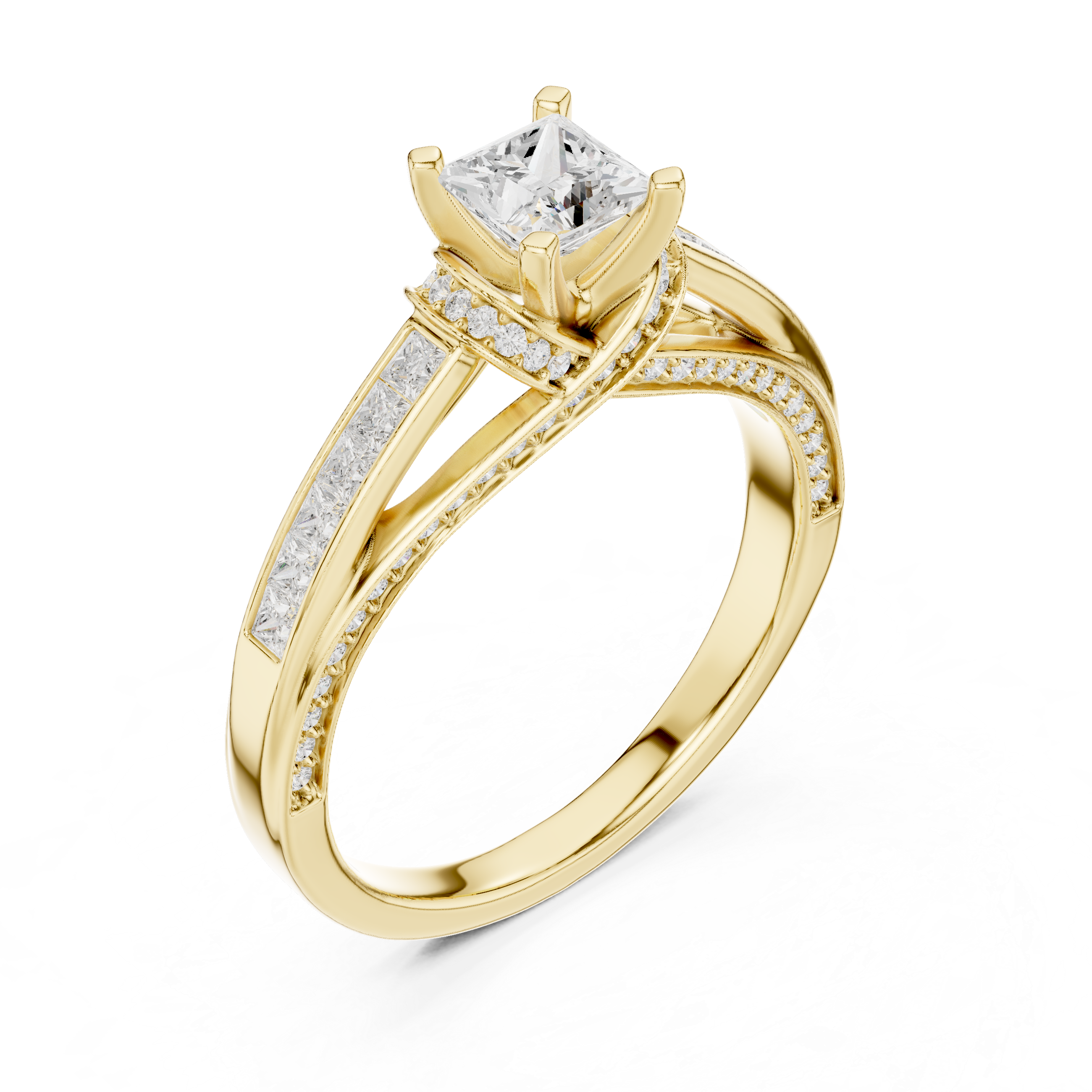 Twisted Band Engagement Ring with Princess-Cut Side Diamonds and Pav? Accents