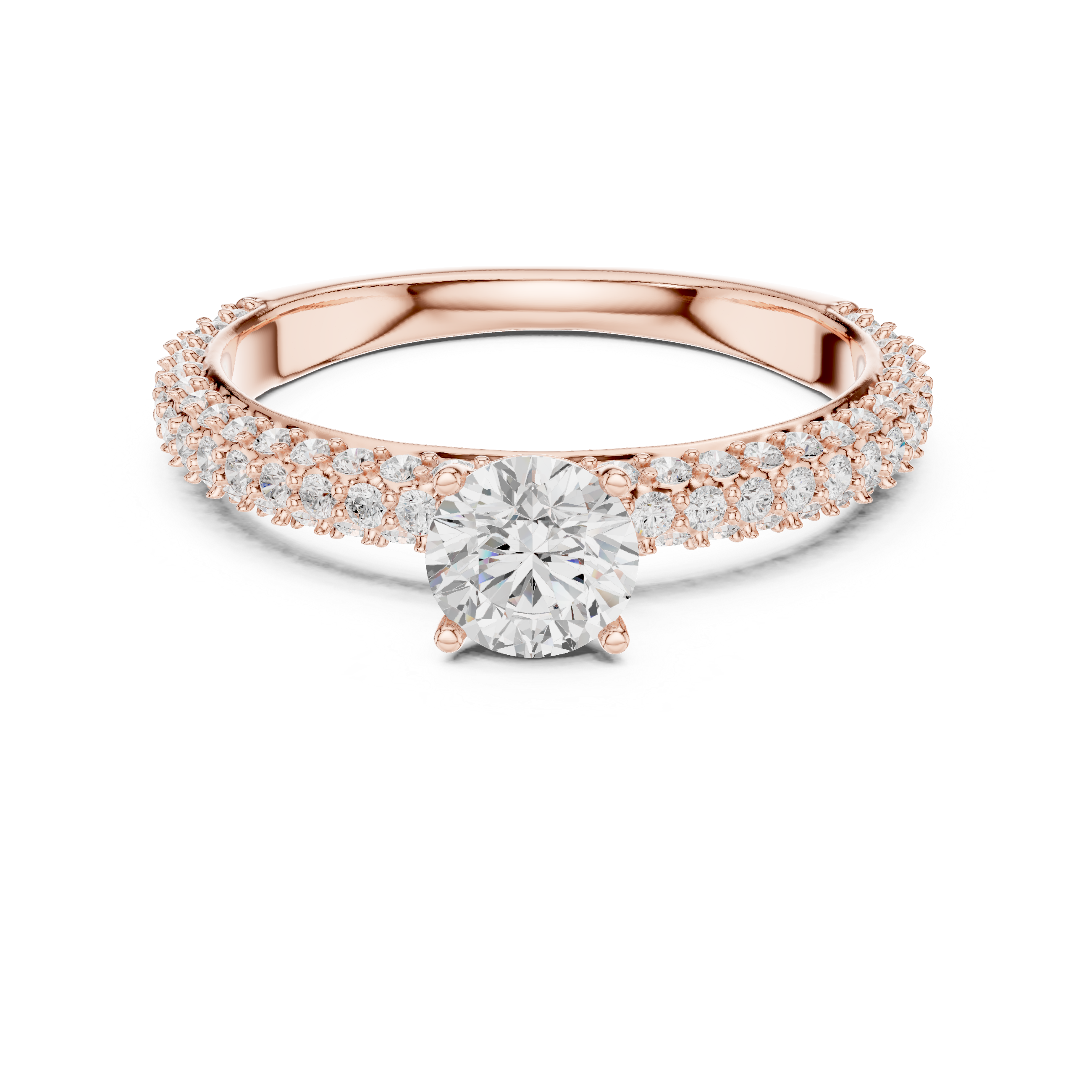 A round brilliant-cut center diamond in a classic solitaire prong setting.