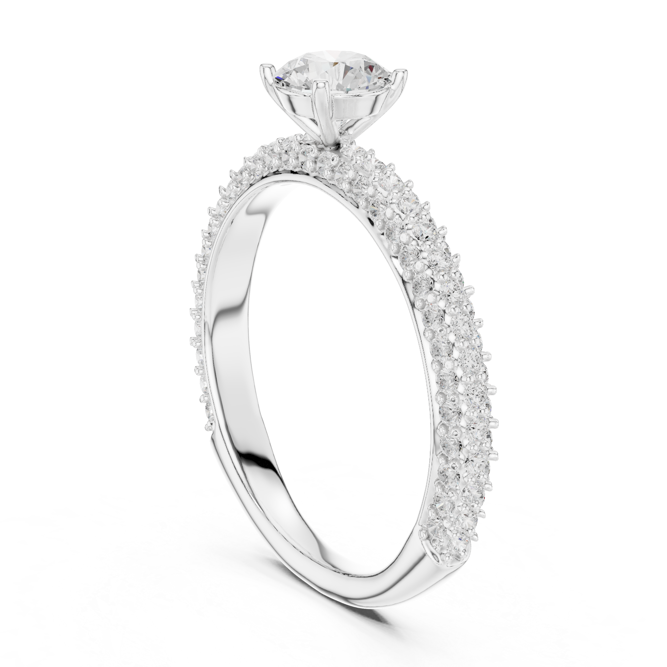 A round brilliant-cut center diamond in a classic solitaire prong setting.