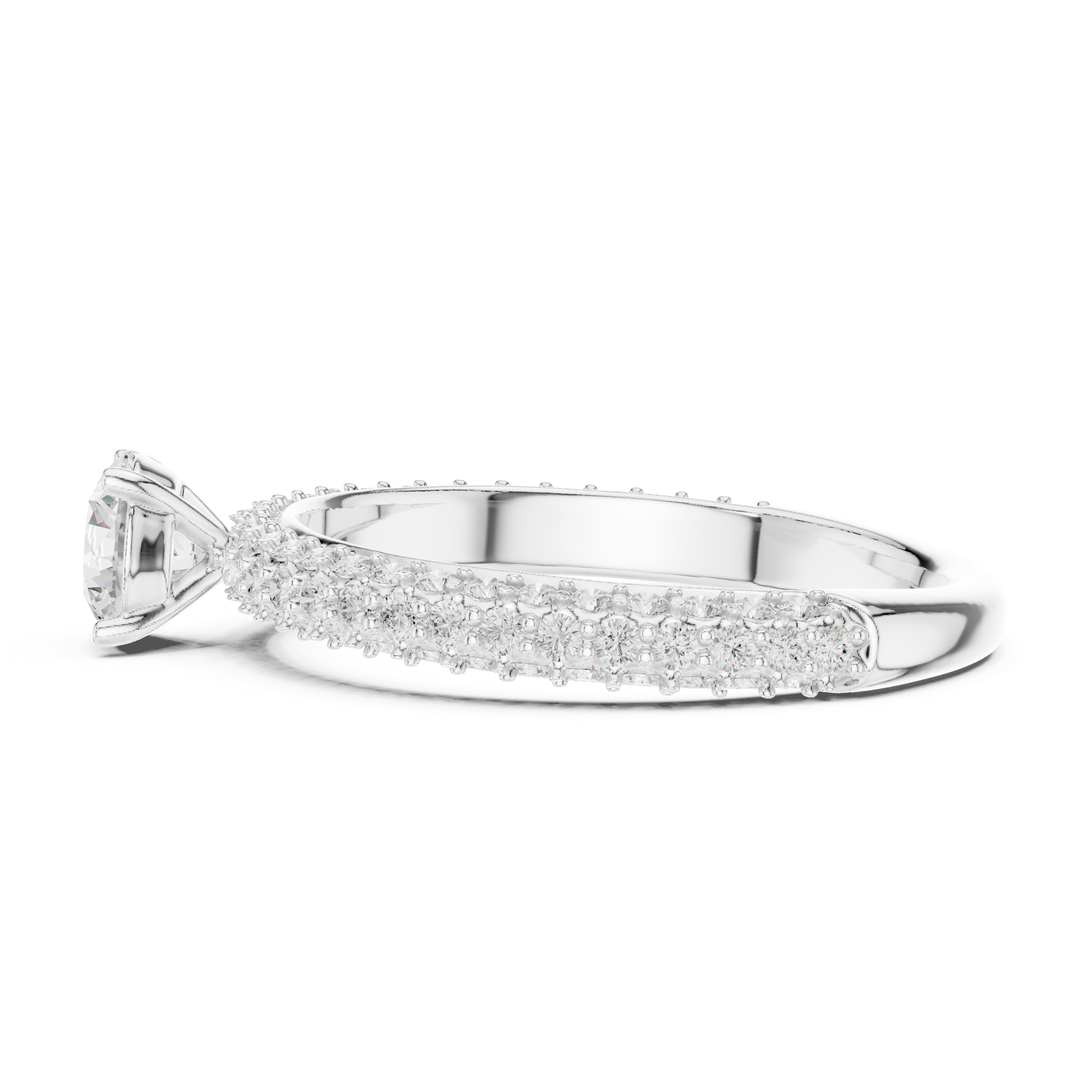 A round brilliant-cut center diamond in a classic solitaire prong setting.
