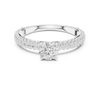 A round brilliant-cut center diamond in a classic solitaire prong setting.