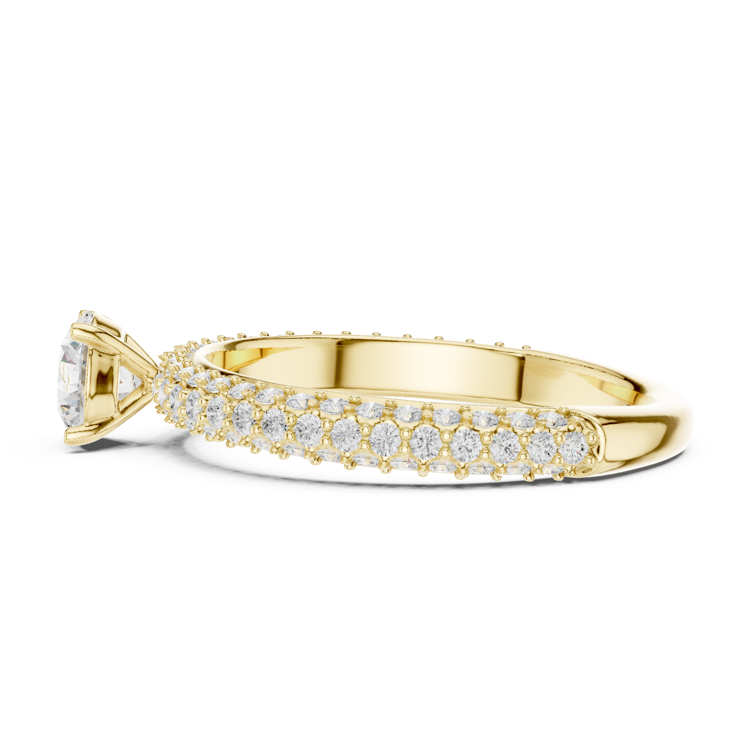 A round brilliant-cut center diamond in a classic solitaire prong setting.