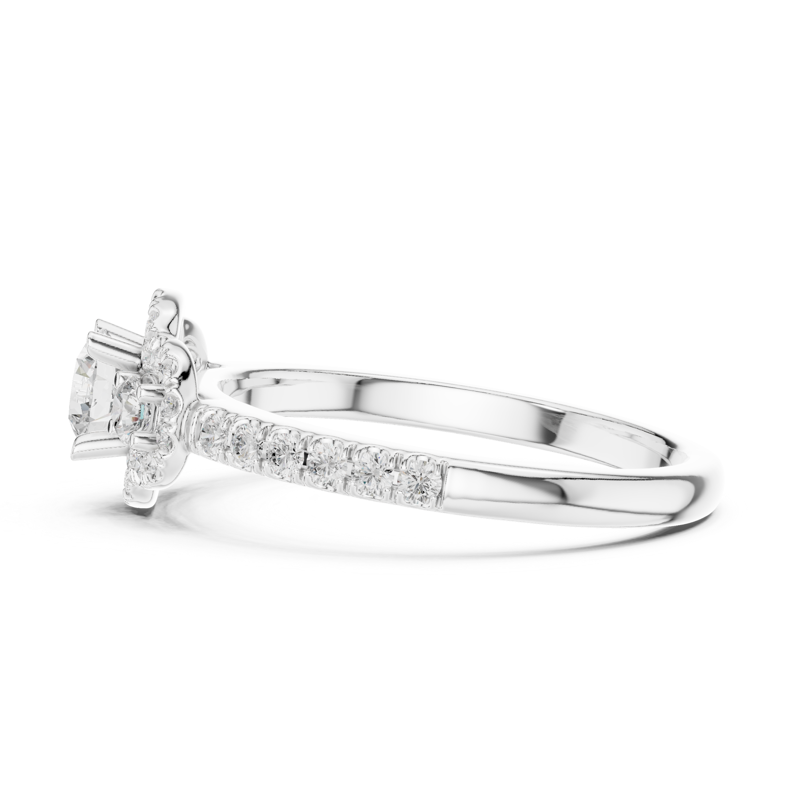 Three-stone engagement ring featuring a round center diamond