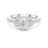 Three-stone engagement ring featuring a round center diamond