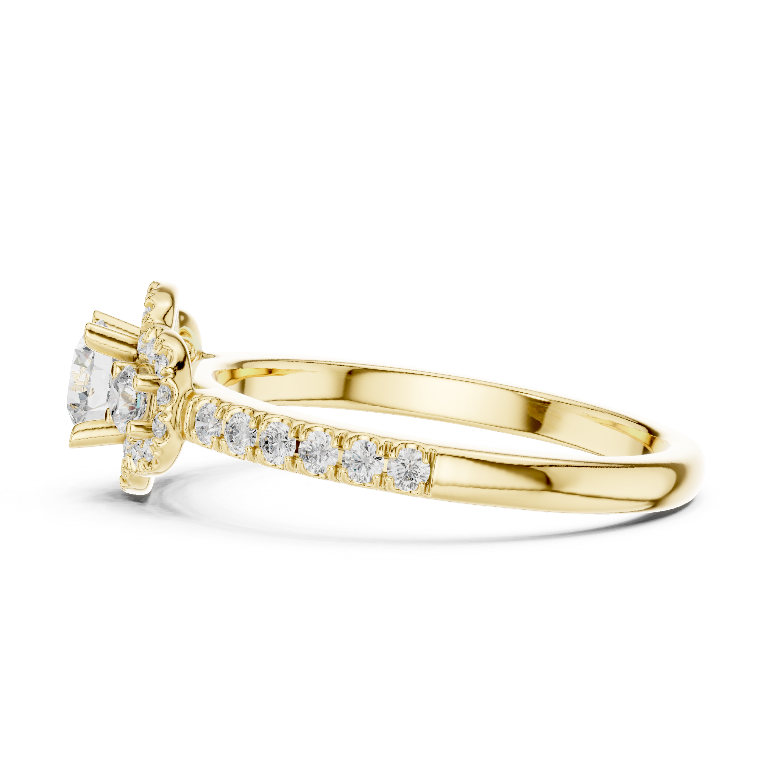 Three-stone engagement ring featuring a round center diamond