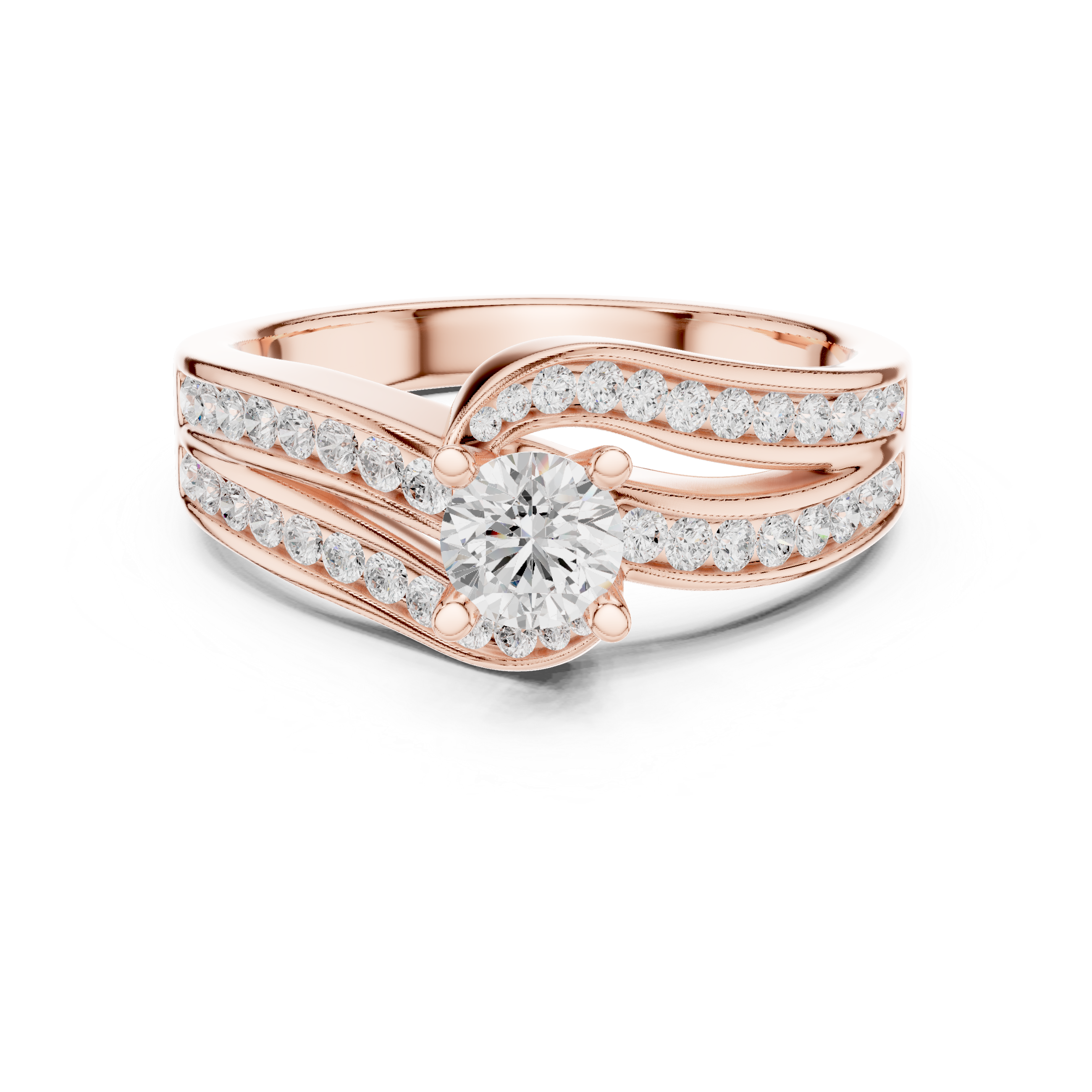 Engagement ring with a sleek split shank adorned with channel-set