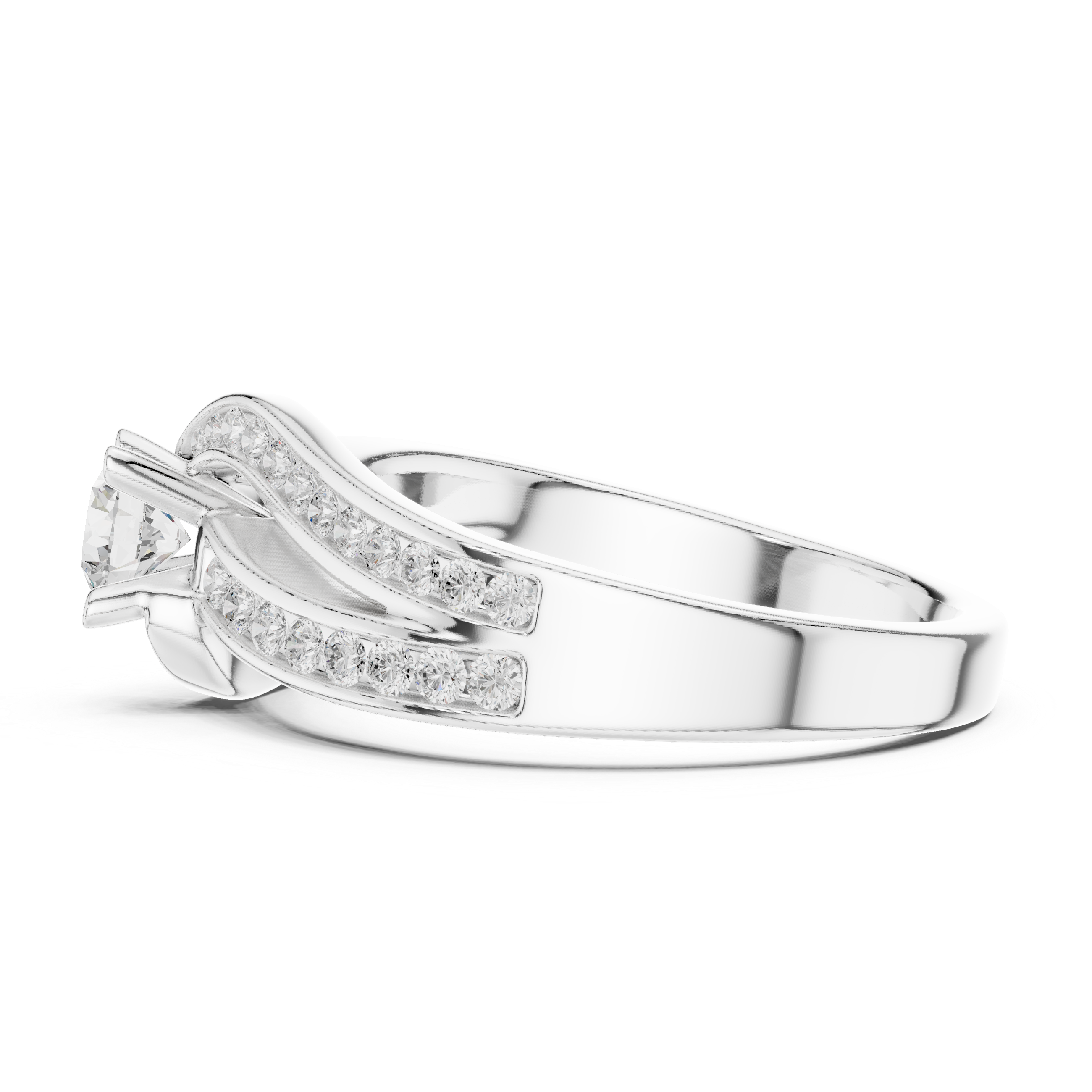 Engagement ring with a sleek split shank adorned with channel-set