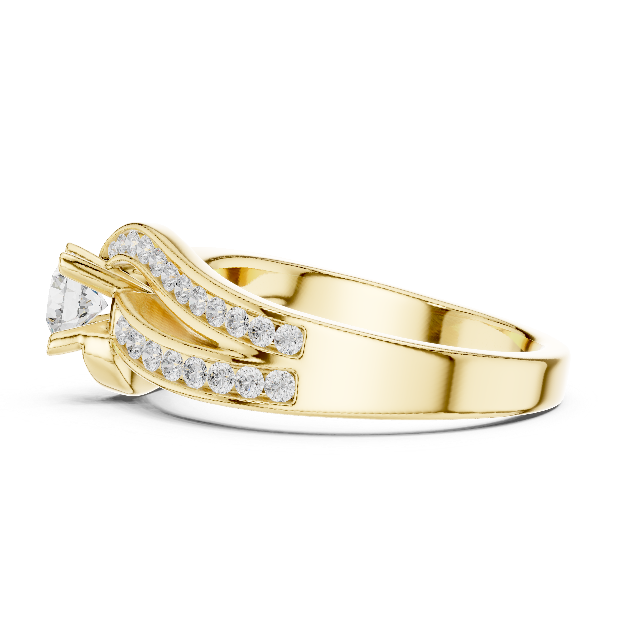 Engagement ring with a sleek split shank adorned with channel-set
