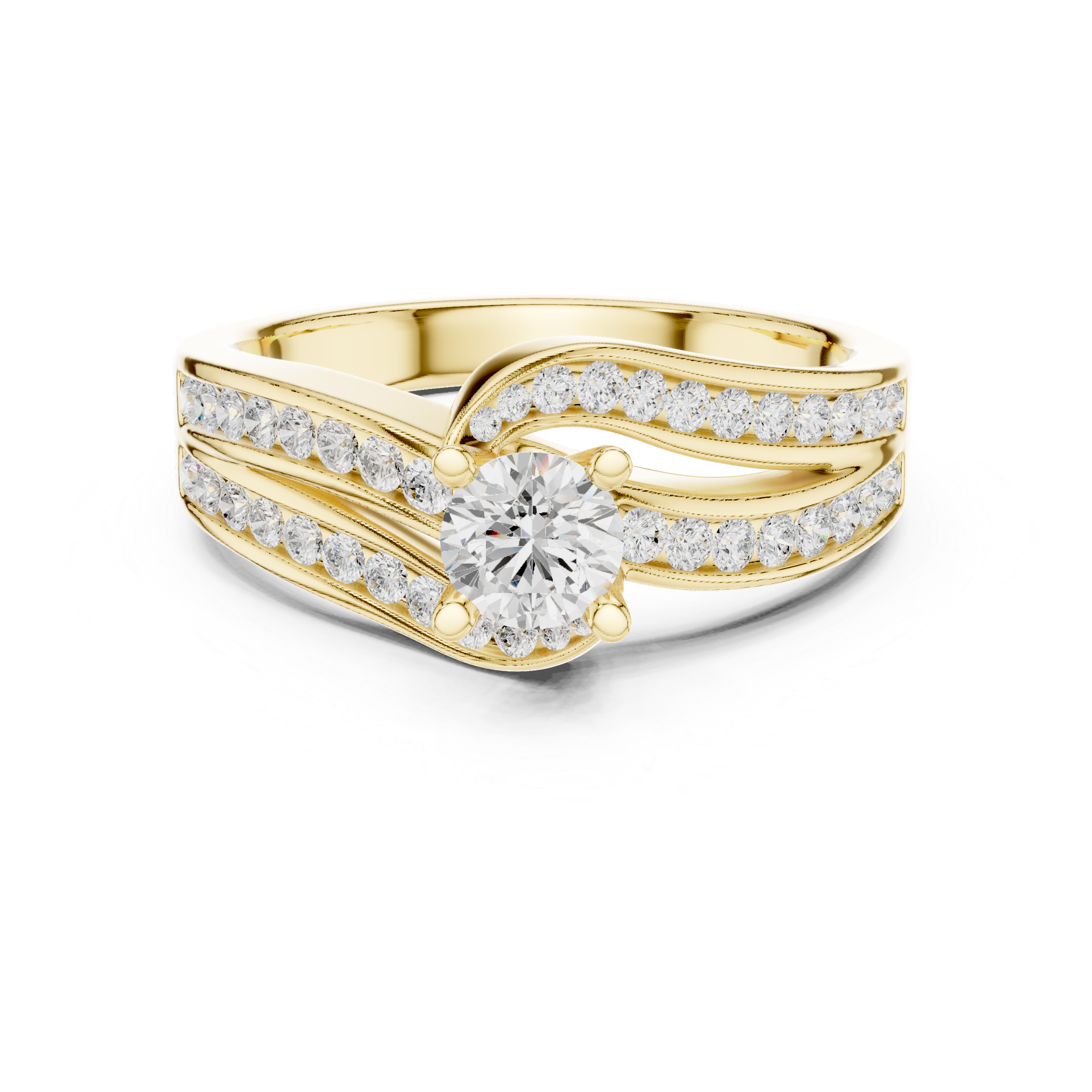 Engagement ring with a sleek split shank adorned with channel-set