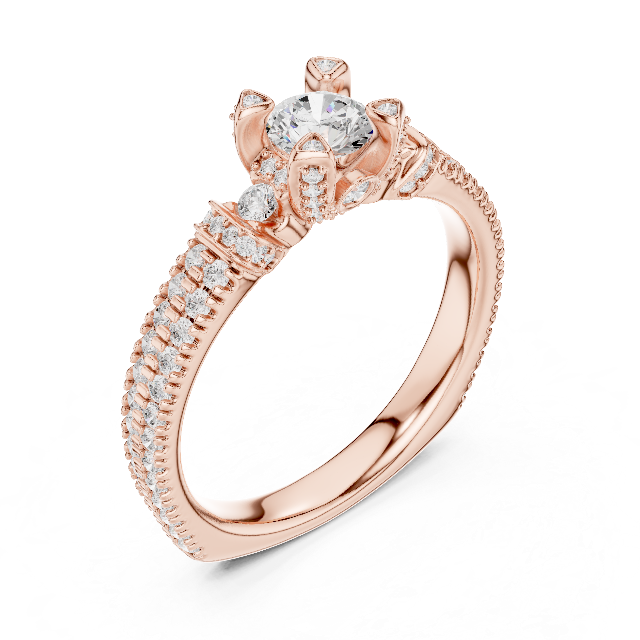 A round solitaire center diamond with triple-row pav? diamonds