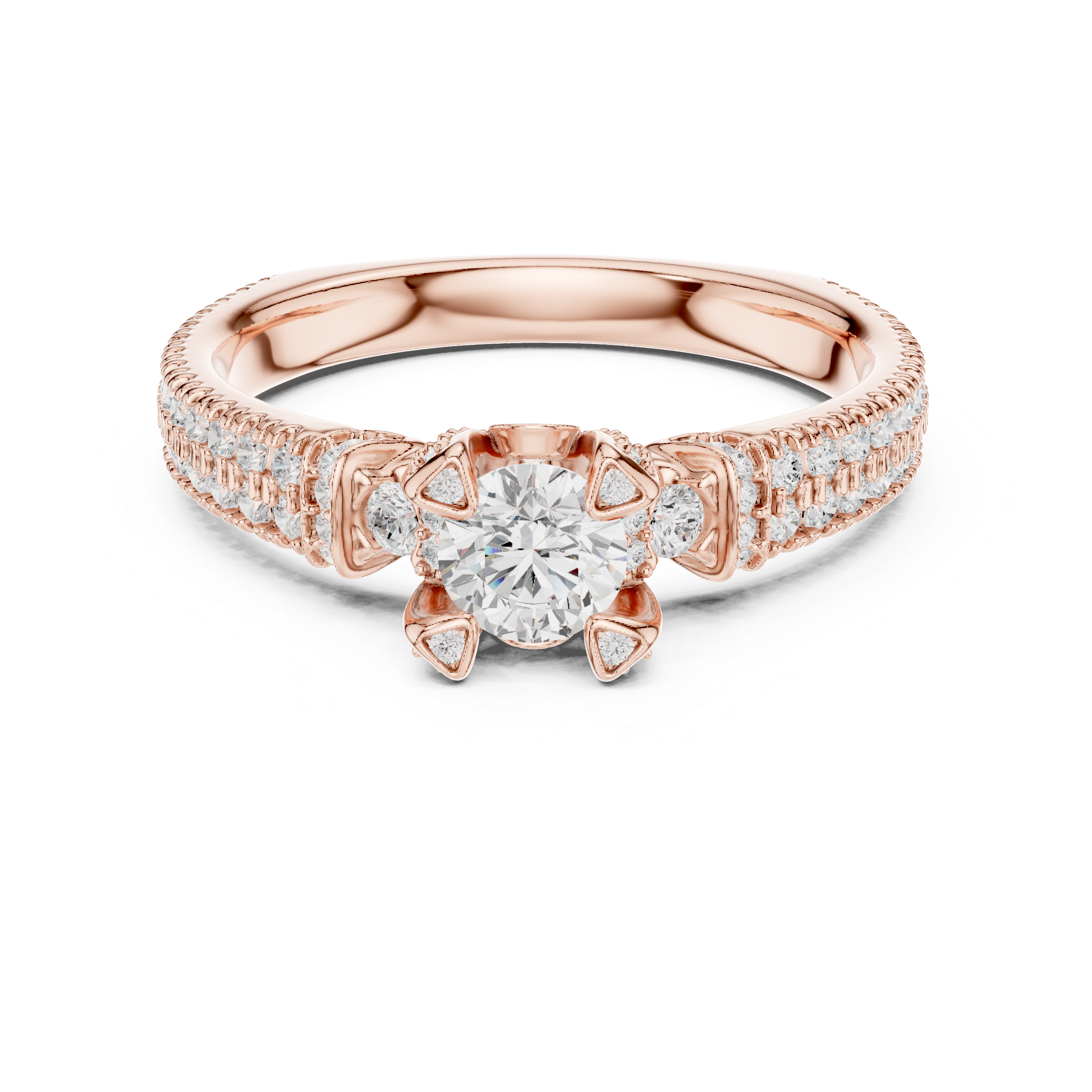 A round solitaire center diamond with triple-row pav? diamonds