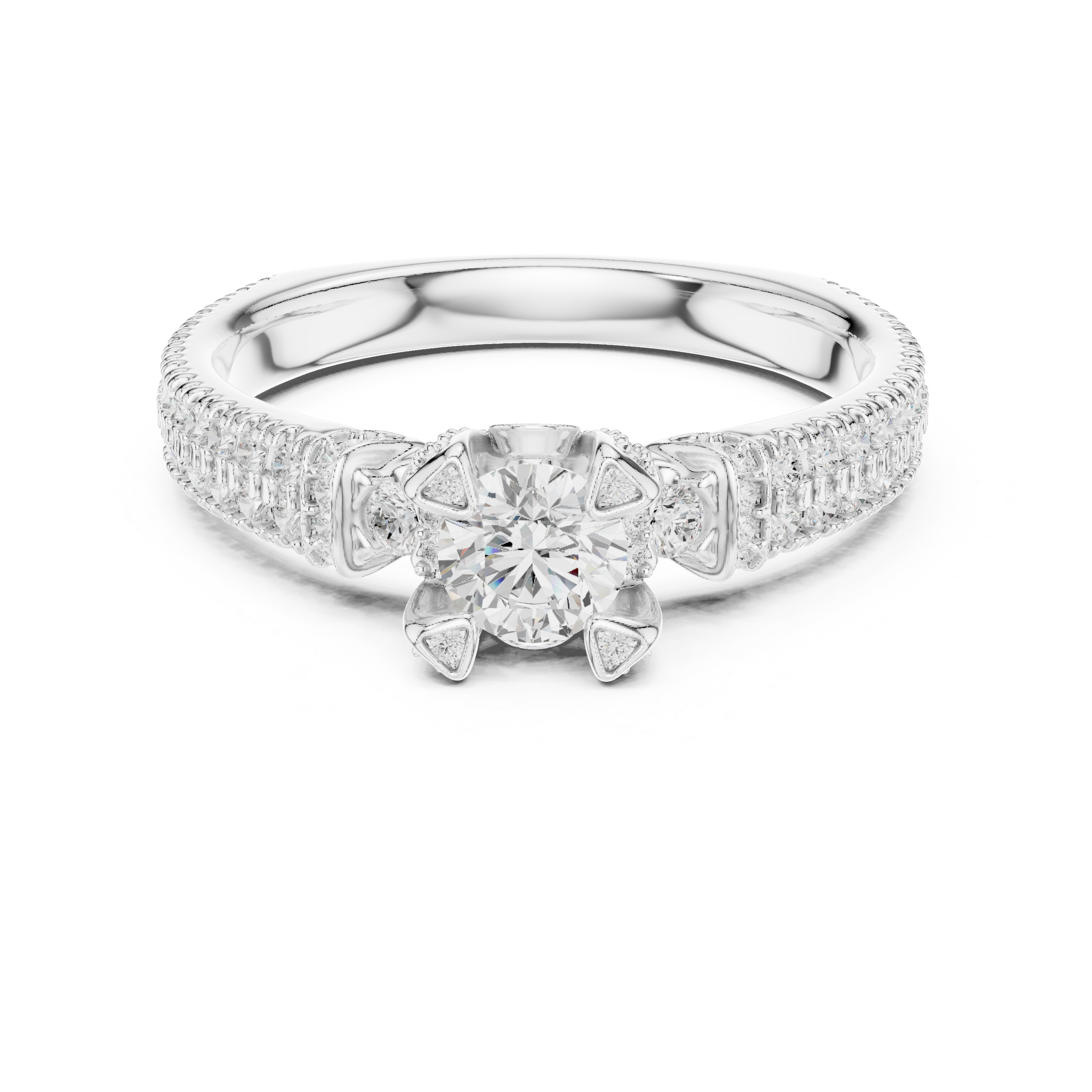A round solitaire center diamond with triple-row pav? diamonds