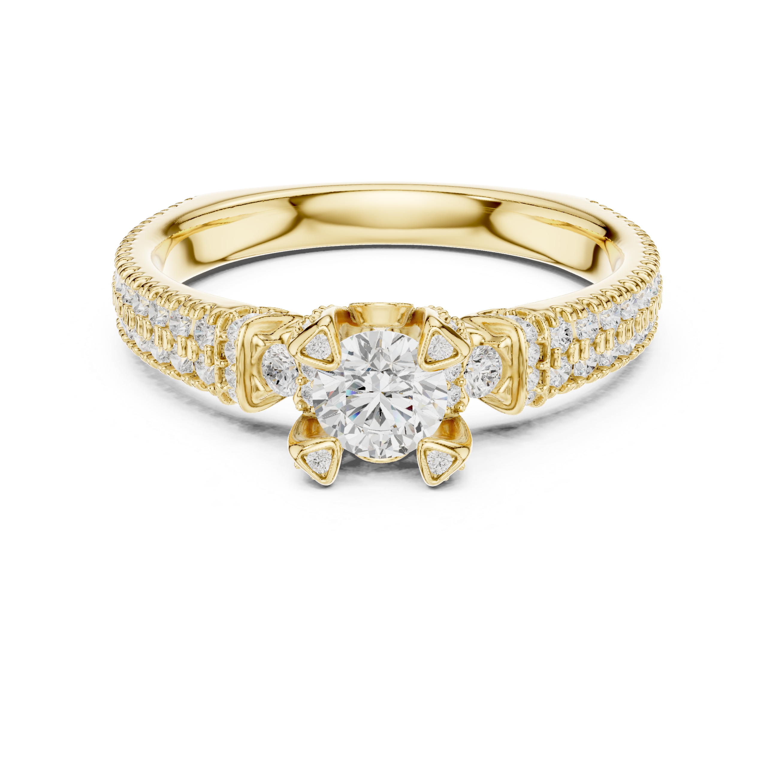 A round solitaire center diamond with triple-row pav? diamonds