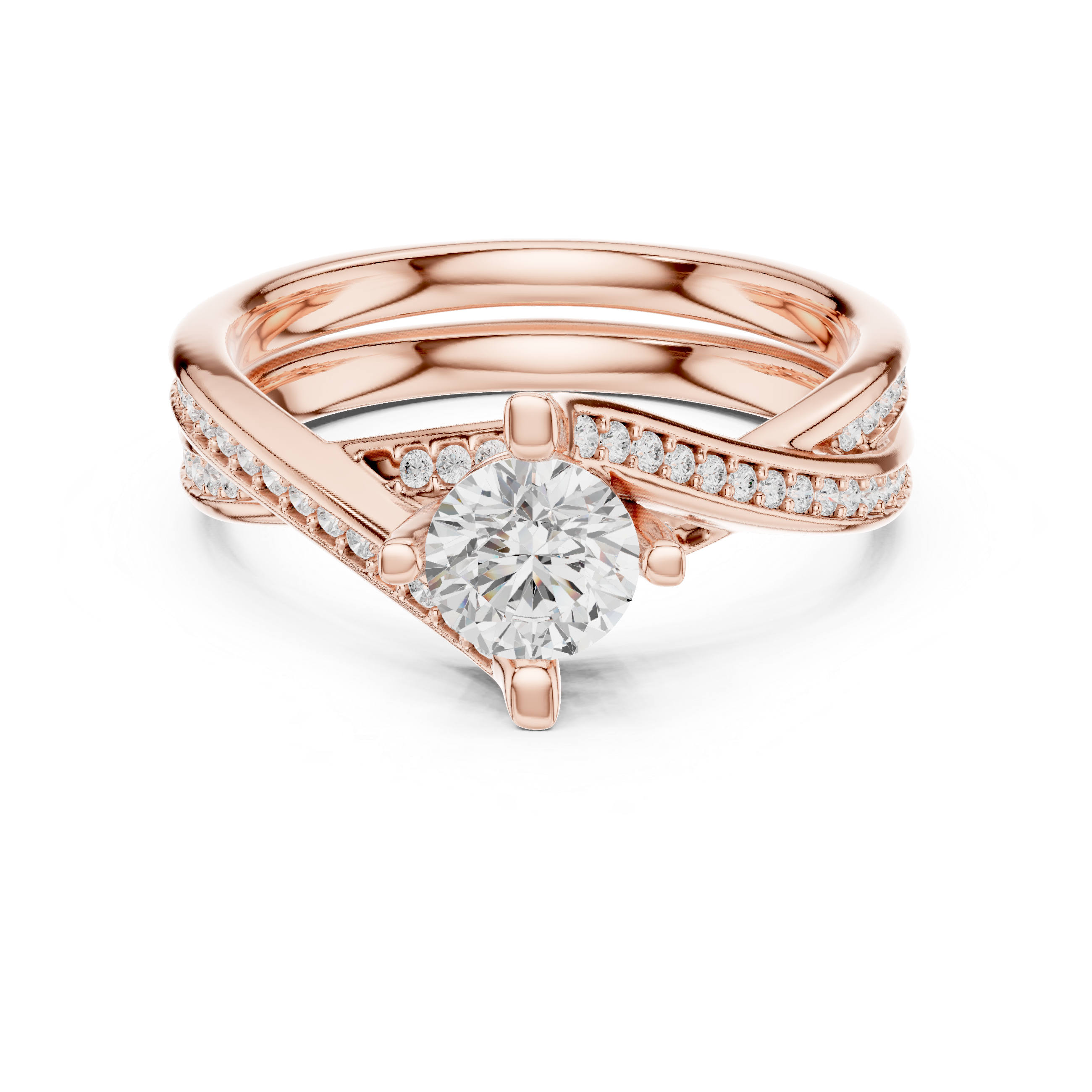 Brilliant round solitaire center stone accented with pav? diamonds