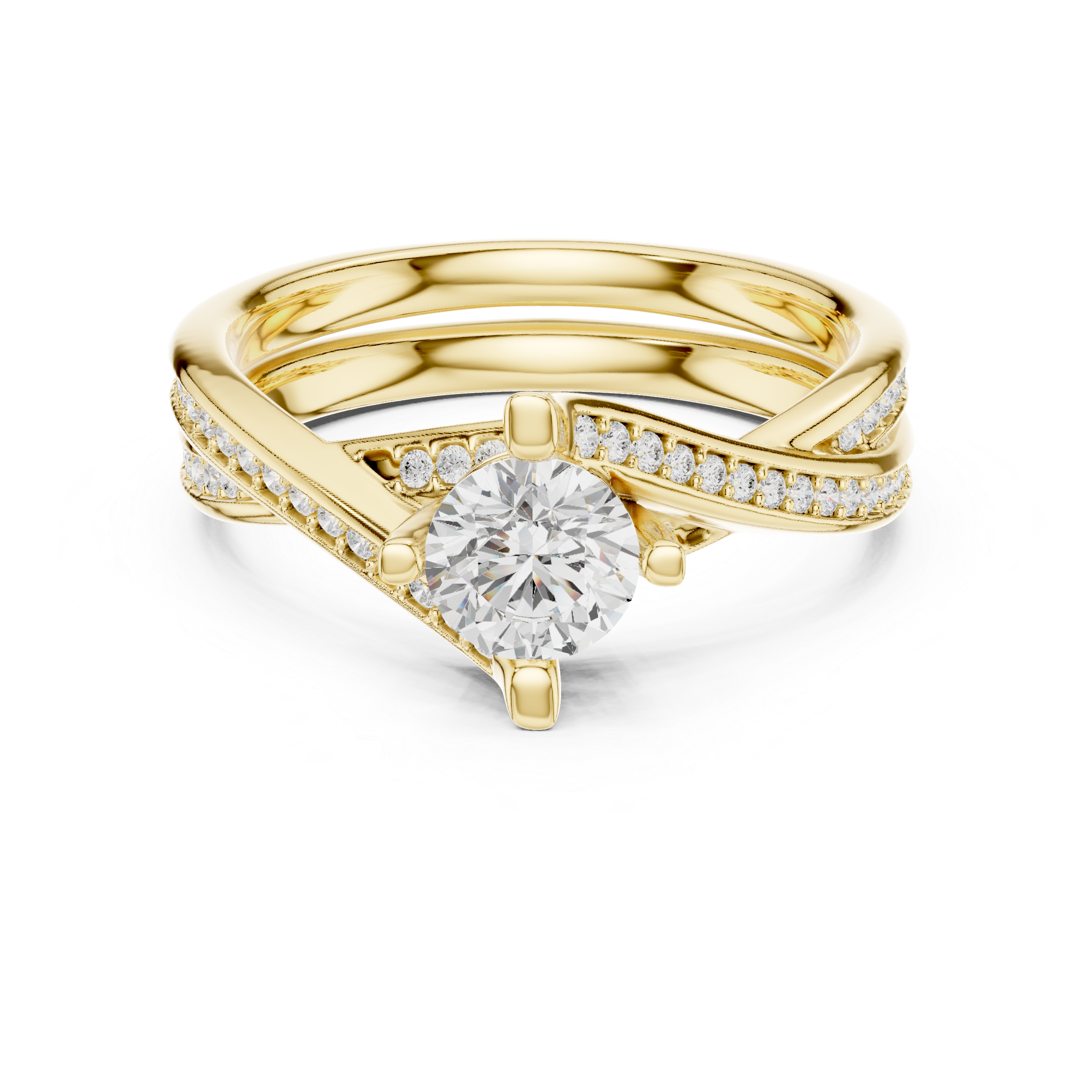 Brilliant round solitaire center stone accented with pav? diamonds