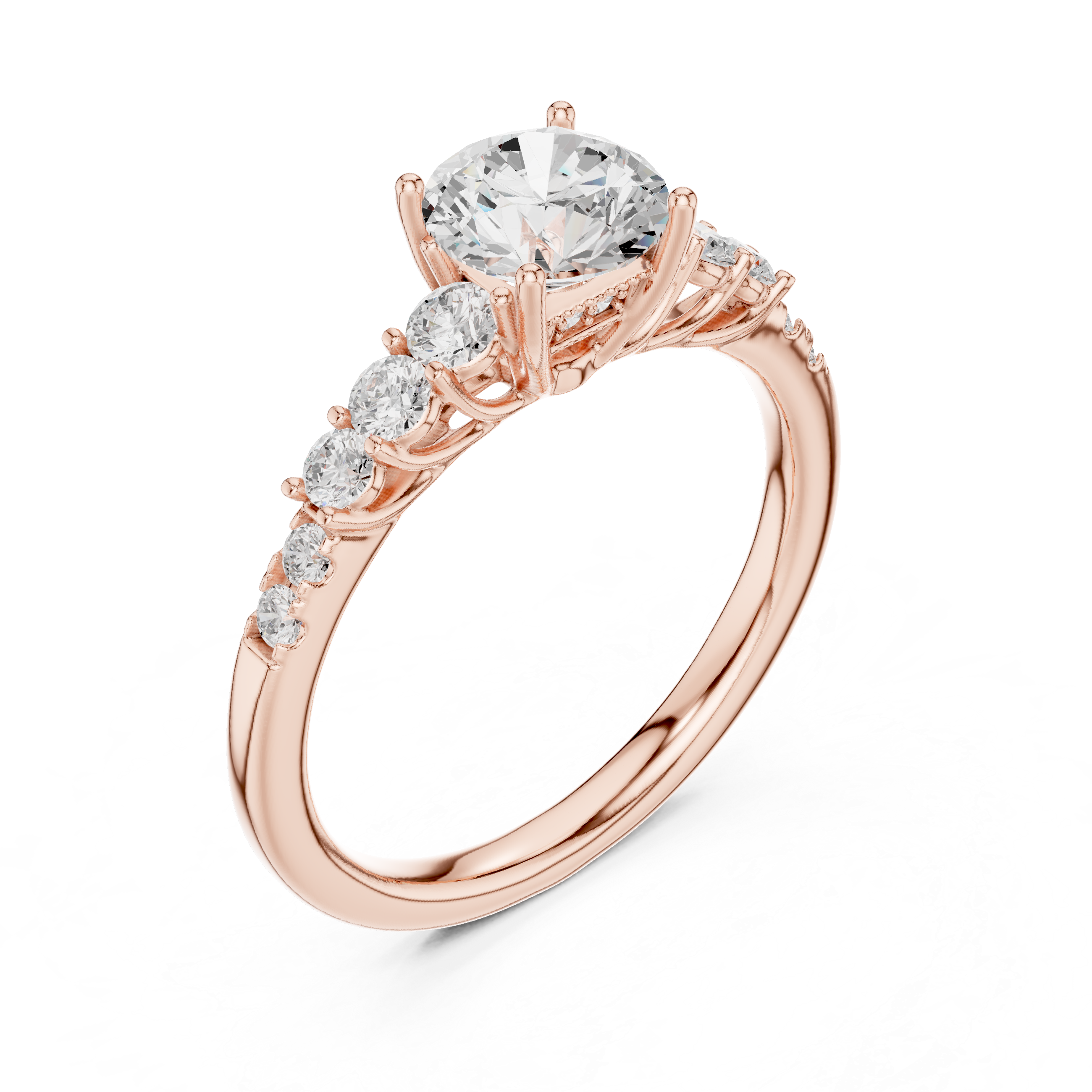 Engagement ring with a brilliant round solitaire center stone and graduated side diamonds.
