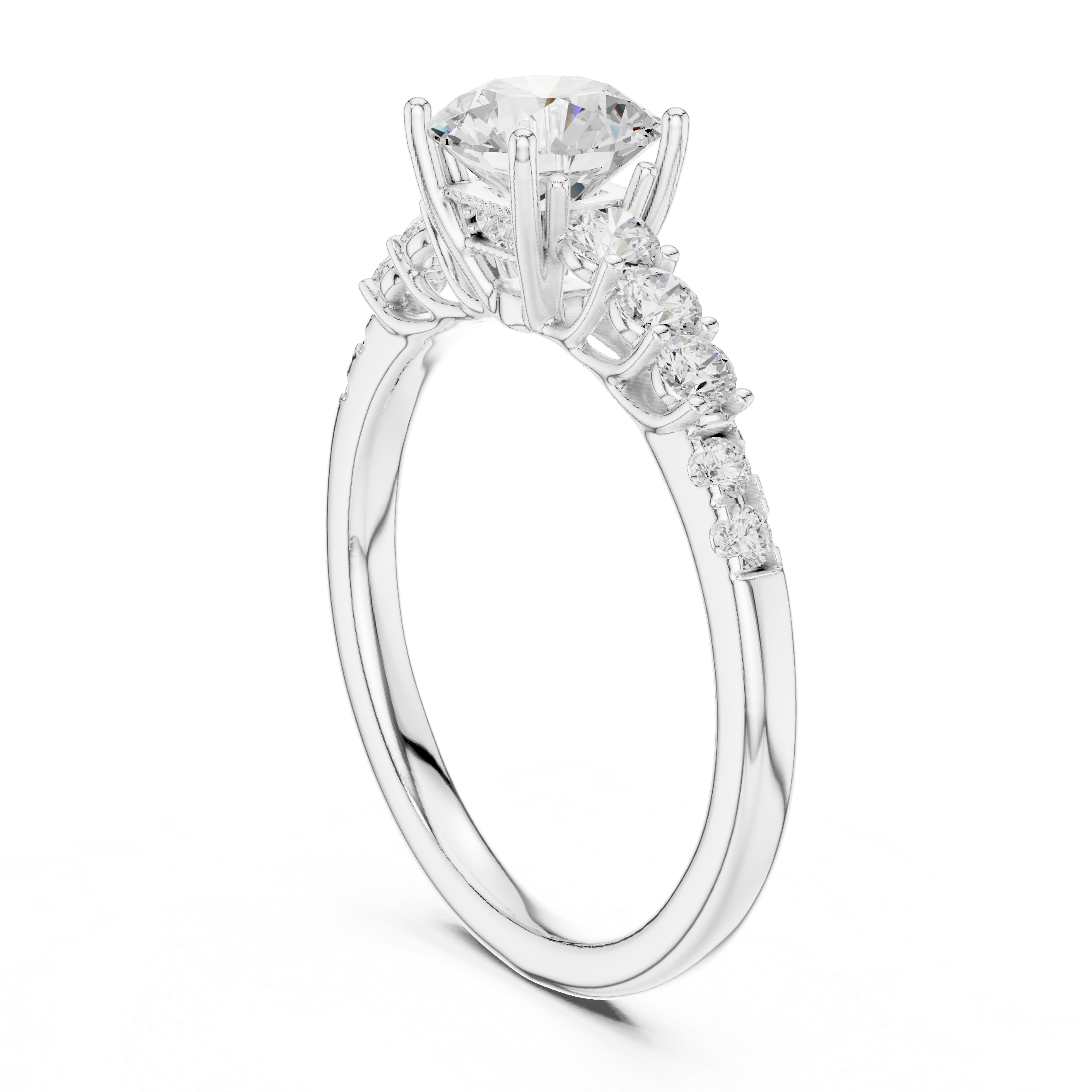 Engagement ring with a brilliant round solitaire center stone and graduated side diamonds.